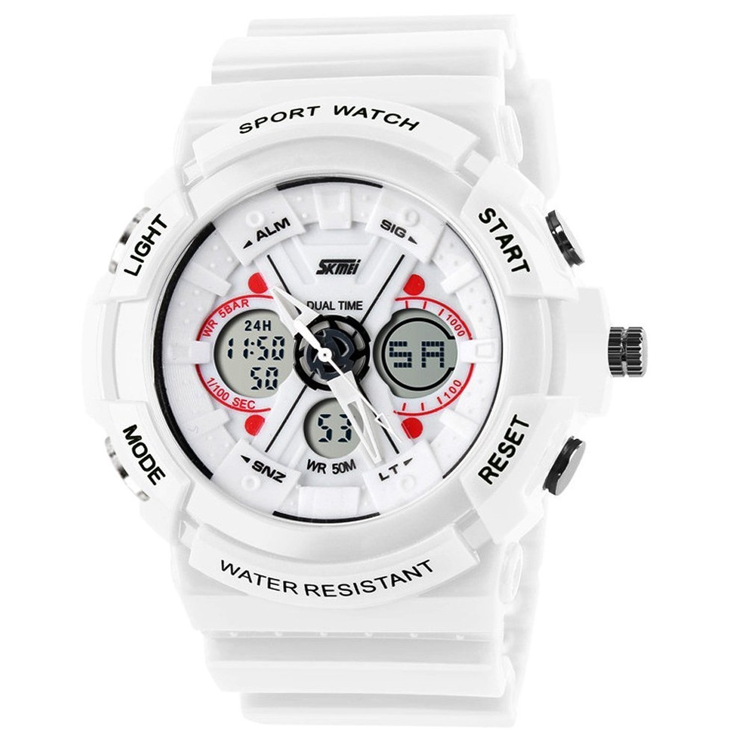 Unisex Sport Watch Analog/Digital Dual Time Multifunction Alarm Led Wristwatch White