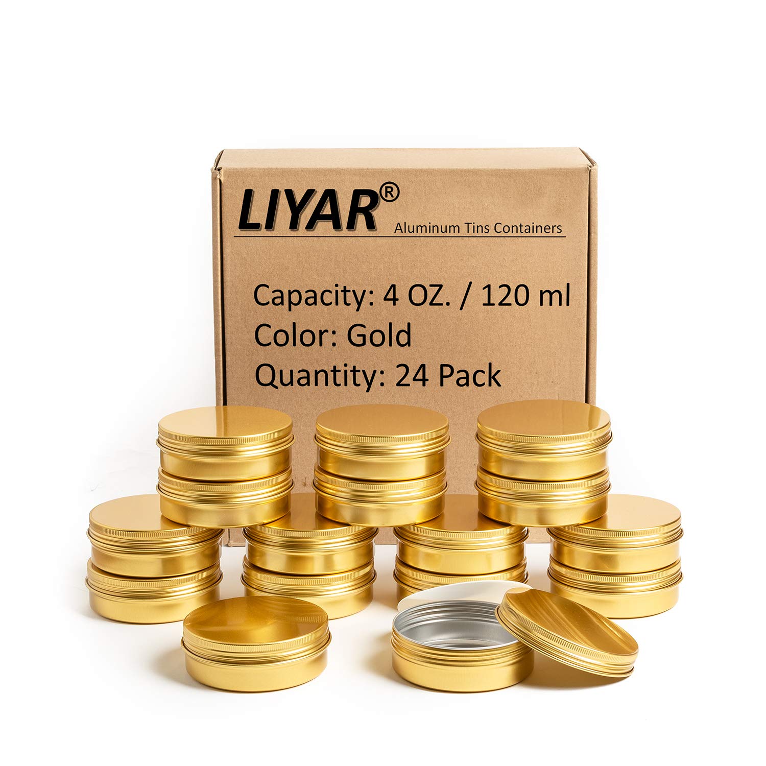 Liyar TMO 4 oz Tin Cans Screw Top Containers Aluminum Round Steel Tin Cans Travel Tins Storage Jar Food Tins Containers Metal Tins with Lids,Gold(24 Pack)