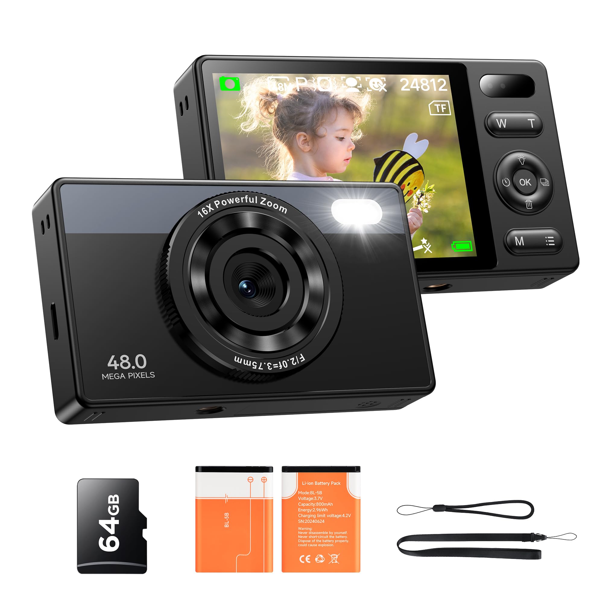 64GB Digital Camera for Kids: 48MP Anti-Shake Camera Photography Vlogging Camera for YouTube 16X Digital Zoom Photo Filtration Continuous Shooting Self-Timer Autofocus Compact Camera