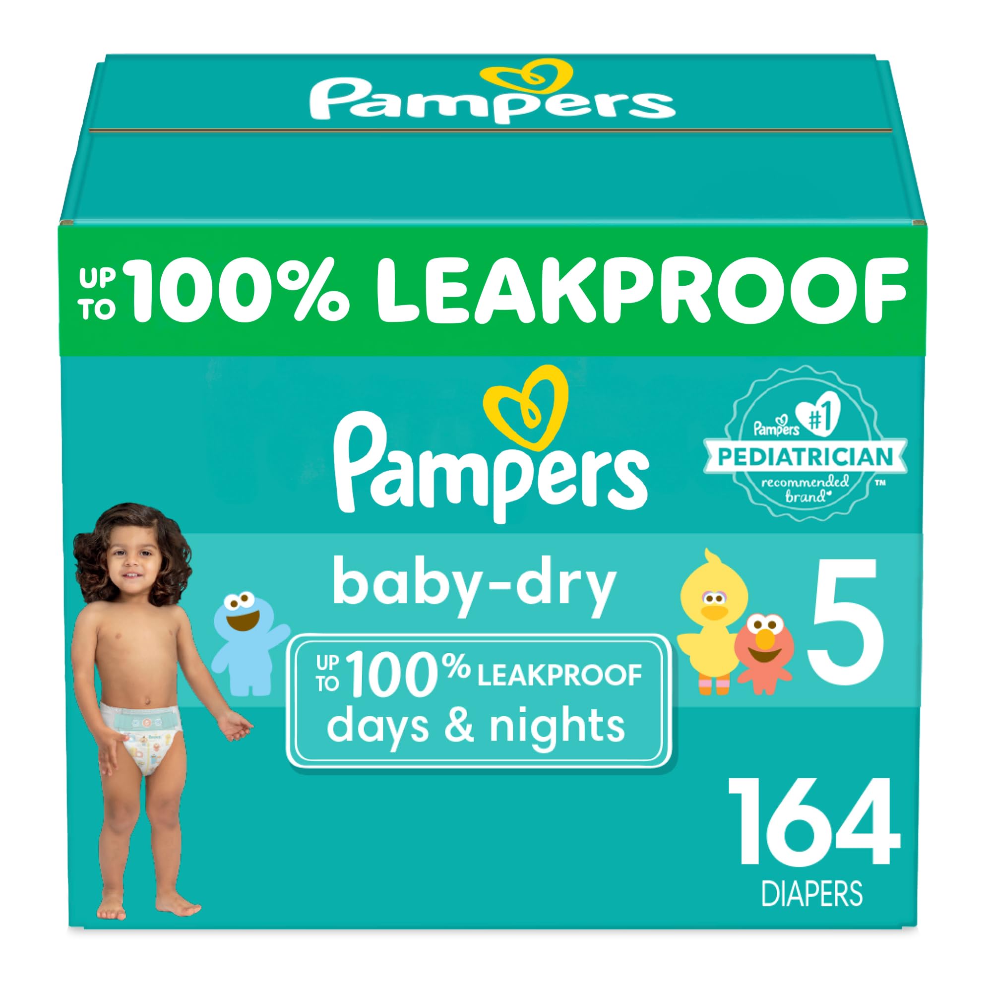 PampersBaby Dry Diapers - Size 5, One Month Supply (164 Count), Absorbent Disposable Diapers