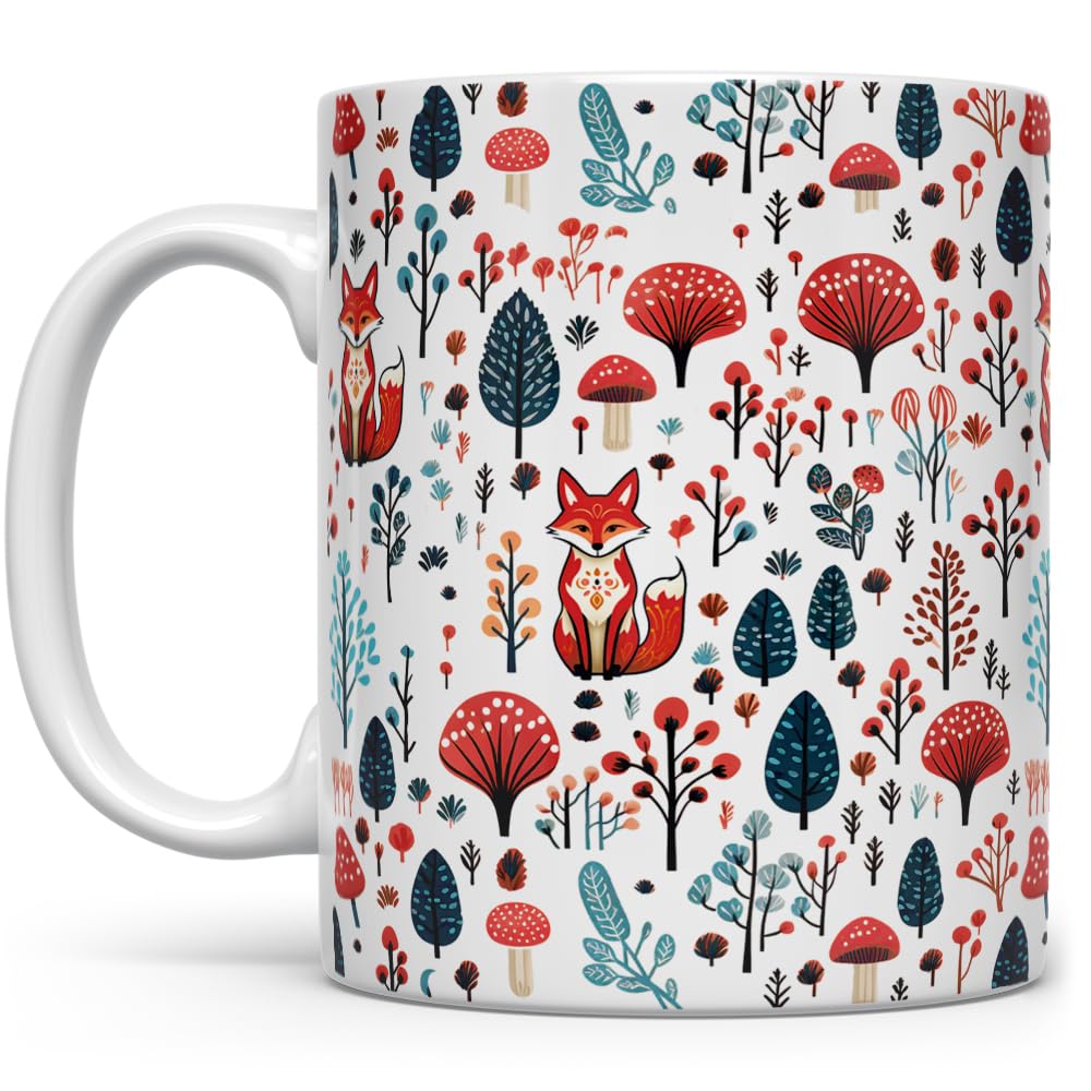 Woodland Forest Fox Coffee Mug, Cute Folk Mushroom Nature Cup (11oz)