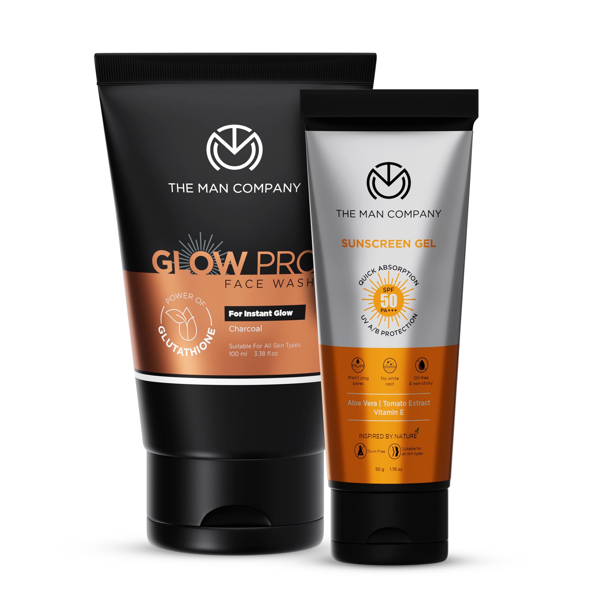 The Man Company Oil-Free Sunscreen Gel SPF 50 PA+++ & Glow Pro Face Wash for Deep Cleansing - Cleanse & Protect Combo | Non-Sticky, Evens Skin Tone | For Normal to Oily Skin