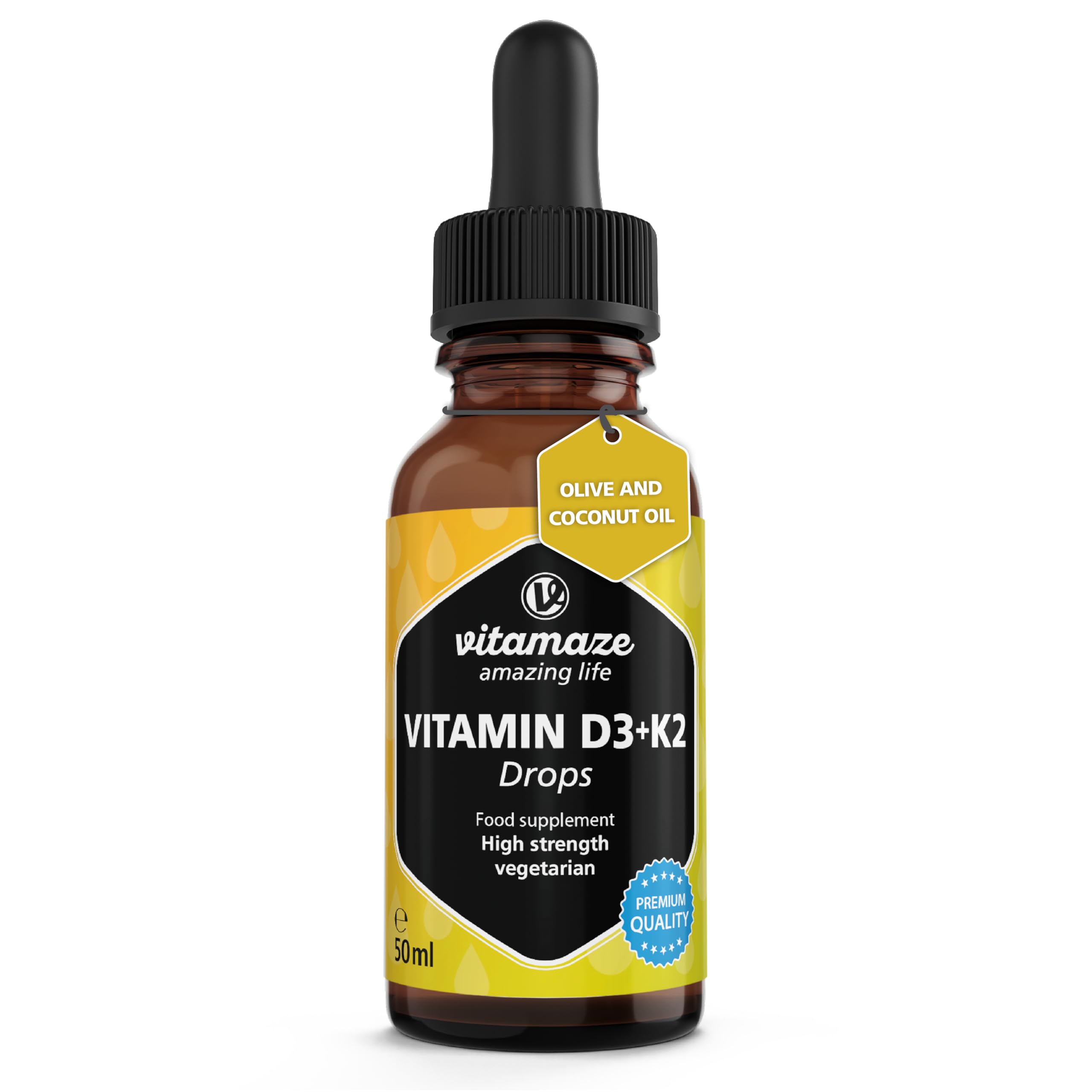 Vitamin D3 K2 Drops High Strength - Vitamin D 5000 IU + Vitamin K2 11 mcg (MK-7) per 5 Drops -Sublingual Liquid - 50 ml (1700 Drops), Vegan Without Additives - High Bioavailability