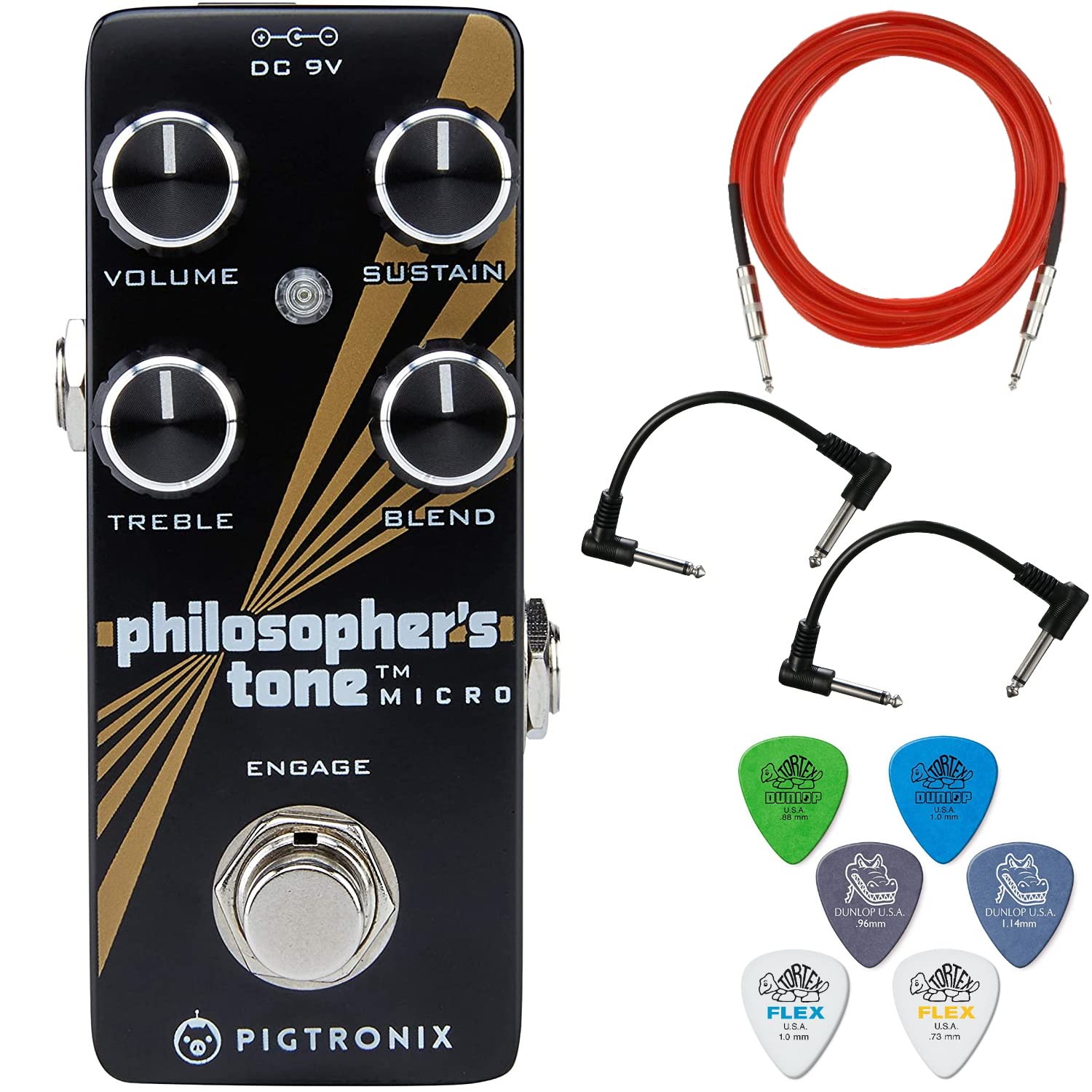 Pigtronix Philospher's Tone Optical Compressor Pedal - Bundle with Instrument Cable, 2 Patch Cables, and 6 Dunlop Picks