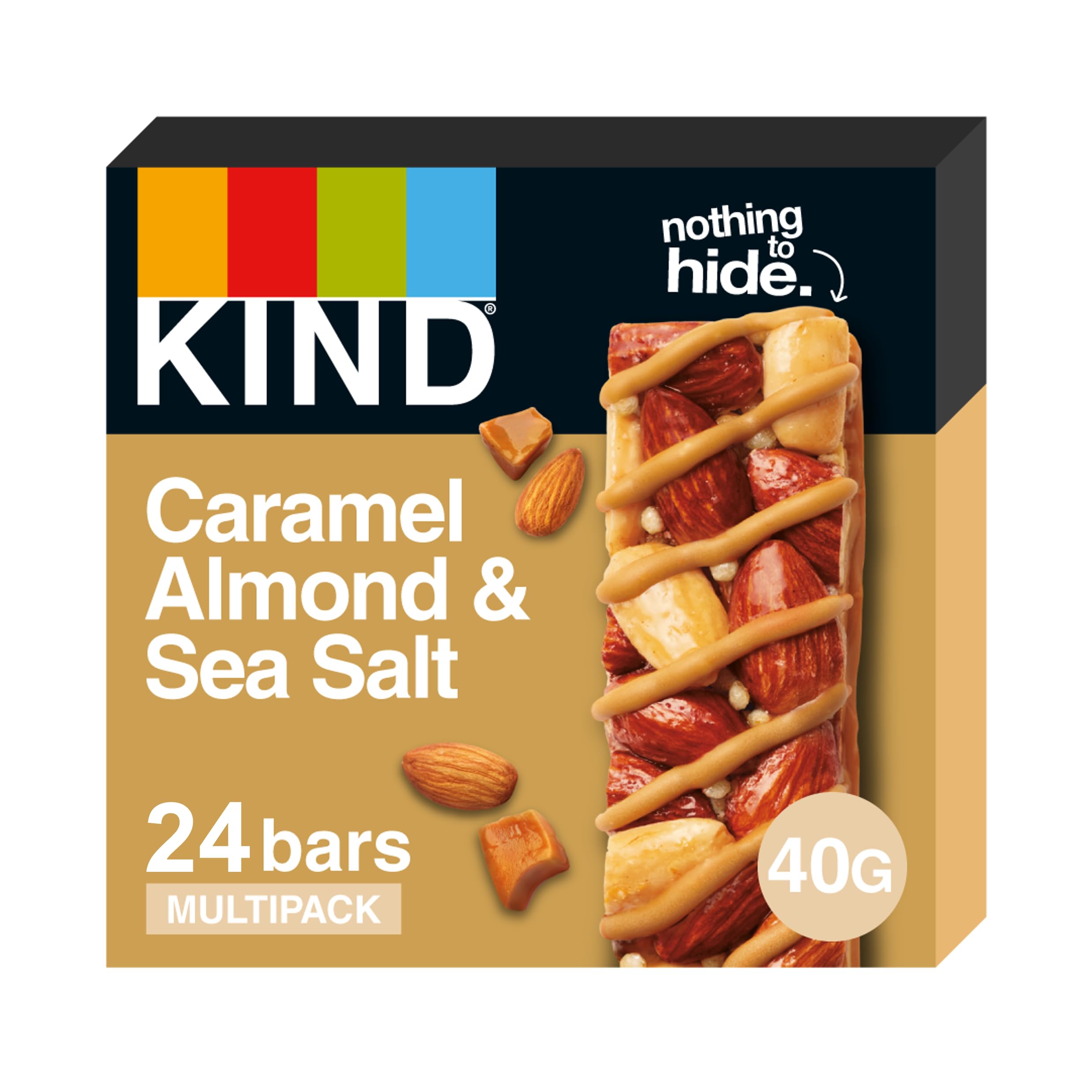 KIND Bars, Gluten Free Snack Bars, Caramel Almond & Sea Salt, High Fibre, Healthy Snack, No Artificial Colours, Flavours or Preservatives, Multipack 24 x 40g