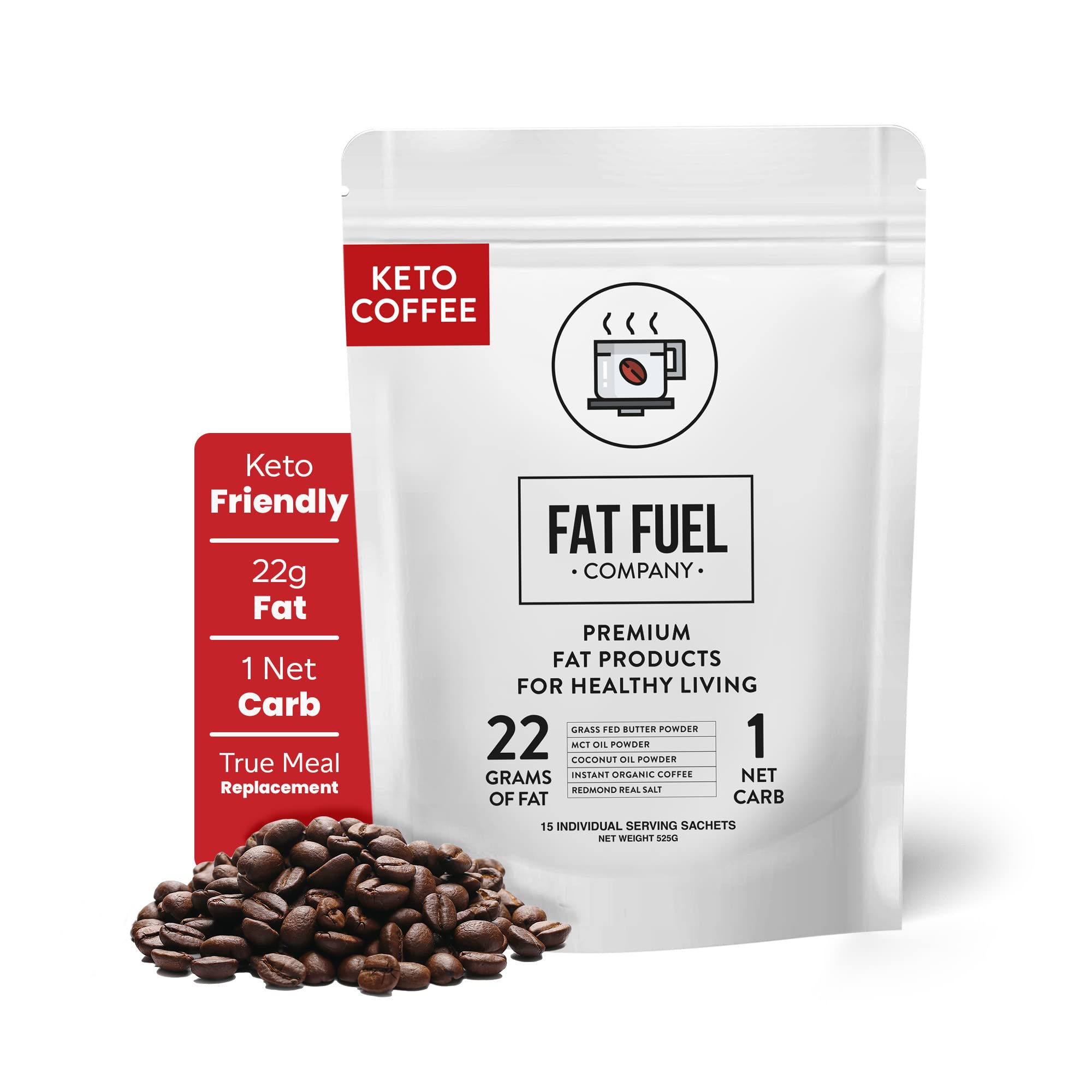 Keto Meal Replacement Coffee Packets with MCT Oils, Coconut Oil, Grass-Fed Butter, and Redmond Real Salt - Organic Instant Coffee by Fat Fuel Company (15 Pack)