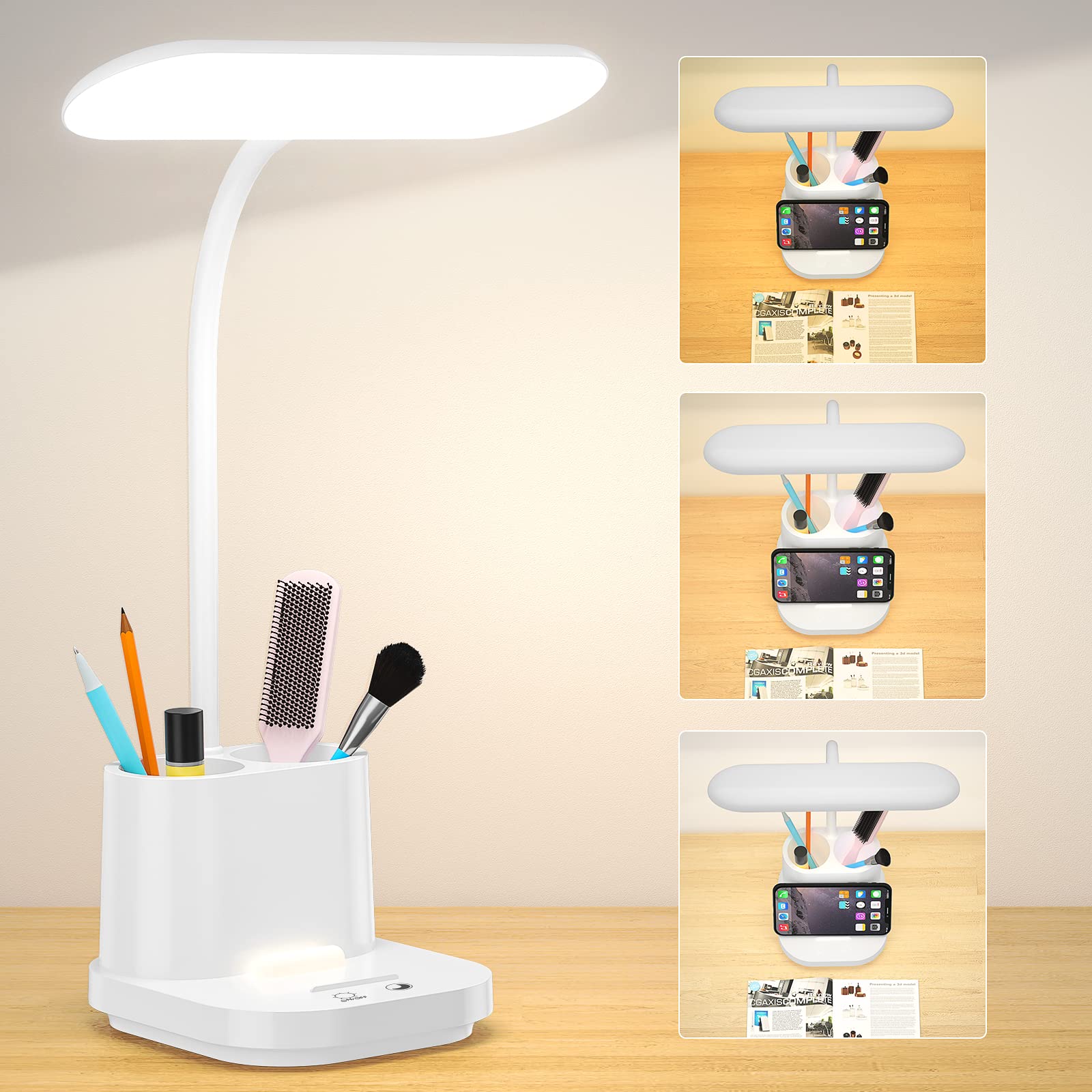 DEEPLITE Desk Lamp,Battery Operated Desk Lamps for Home Office, Rechargeable Desk Study Light for Dorm, 800 Lm, 3 Lighting Modes, CordlessTable Lamp with Pen Holder, Eye-Caring Reading Lamp.