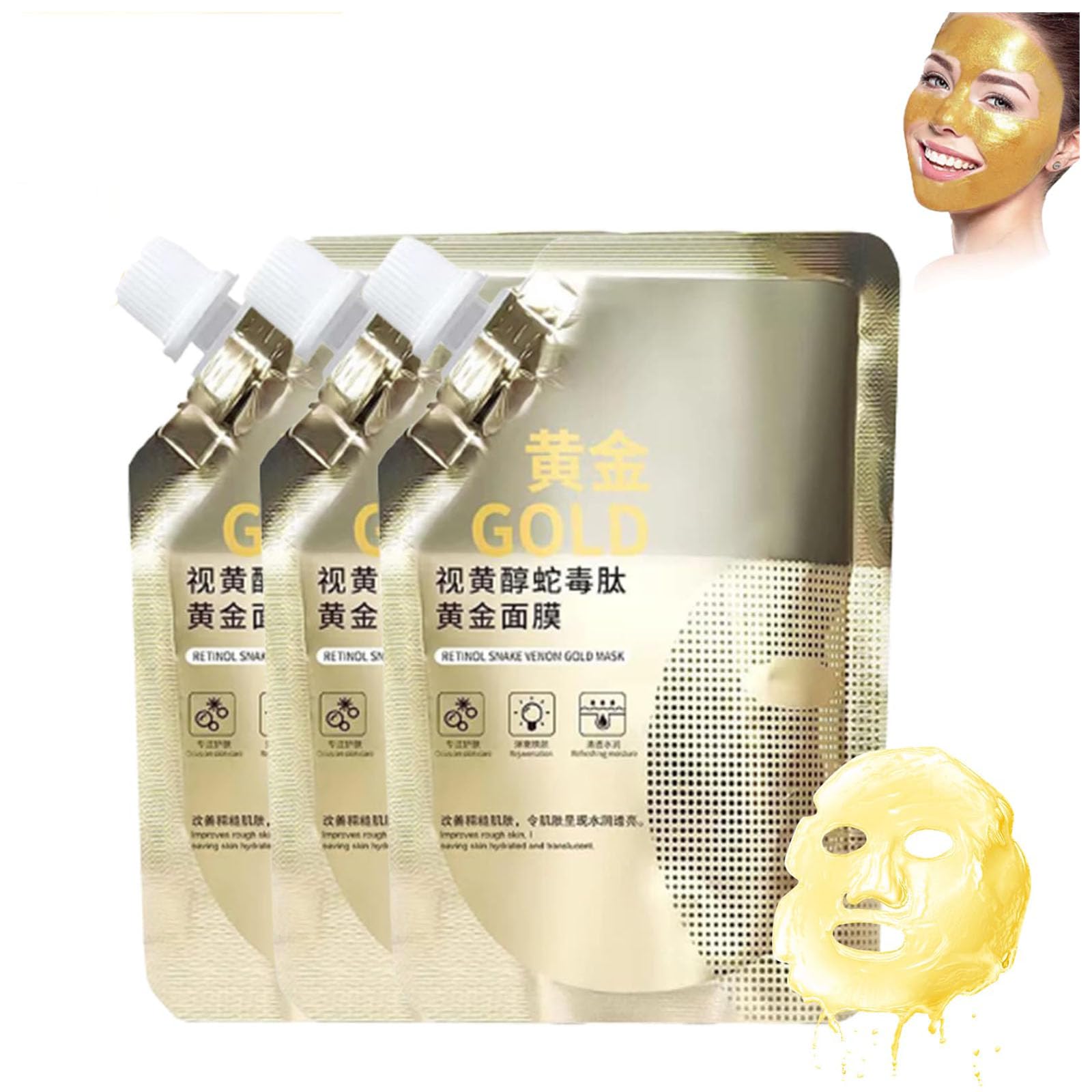 GIONAR Retinol Snake Venom Gold Mask, Retinol Snake Venom Peptide Gold Mask, Anti-Aging Retinol Gold Facial Mask, Gold Collagen Peel Off Mask, Rejuvenating Gold Peel Off Mask Dry Skin (3pcs)