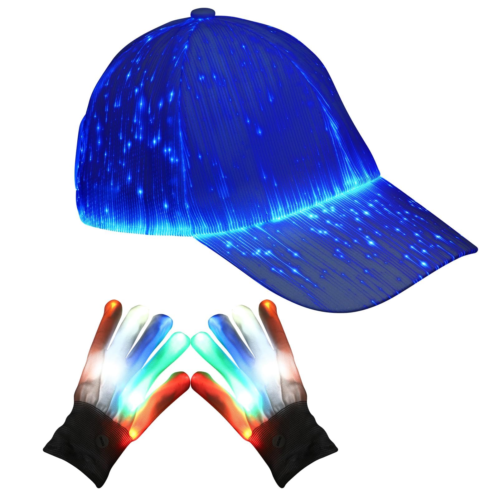 PFUTURE Hip Hop LED Hat with LED Gloves, 7 Colors, 5 Modes Luminous Glowing Baseball Hats, and Light Up Gloves. Perfect for Halloween, Christmas, Birthday Parties, and More