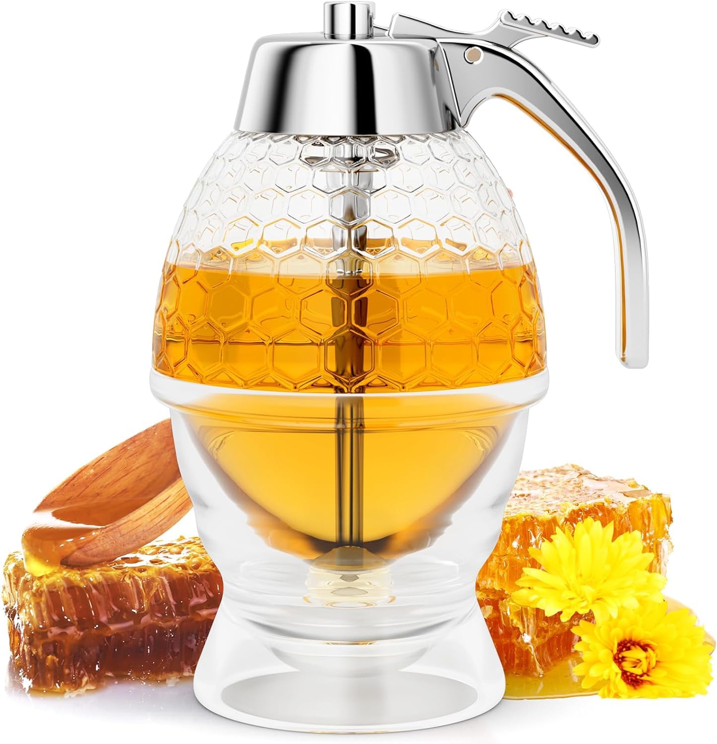 Honey Dispenser No Drip, Maple Syrup Dispenser, Honey Jar with Stand, Beautiful Honey Comb Shaped Honey Pot, Perfect Bee Decoration for Home Kitchen, 8 oz