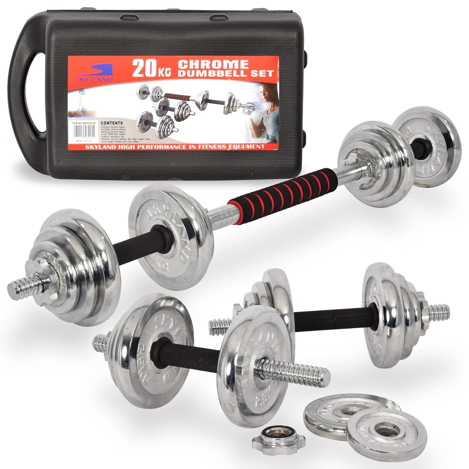 SKY LAND 20 Kgs. Adjustable Dumbbell Set With Connector - Chrome, 44.50 L X 25 W X H 14.50 Cm.-Em -9239-20