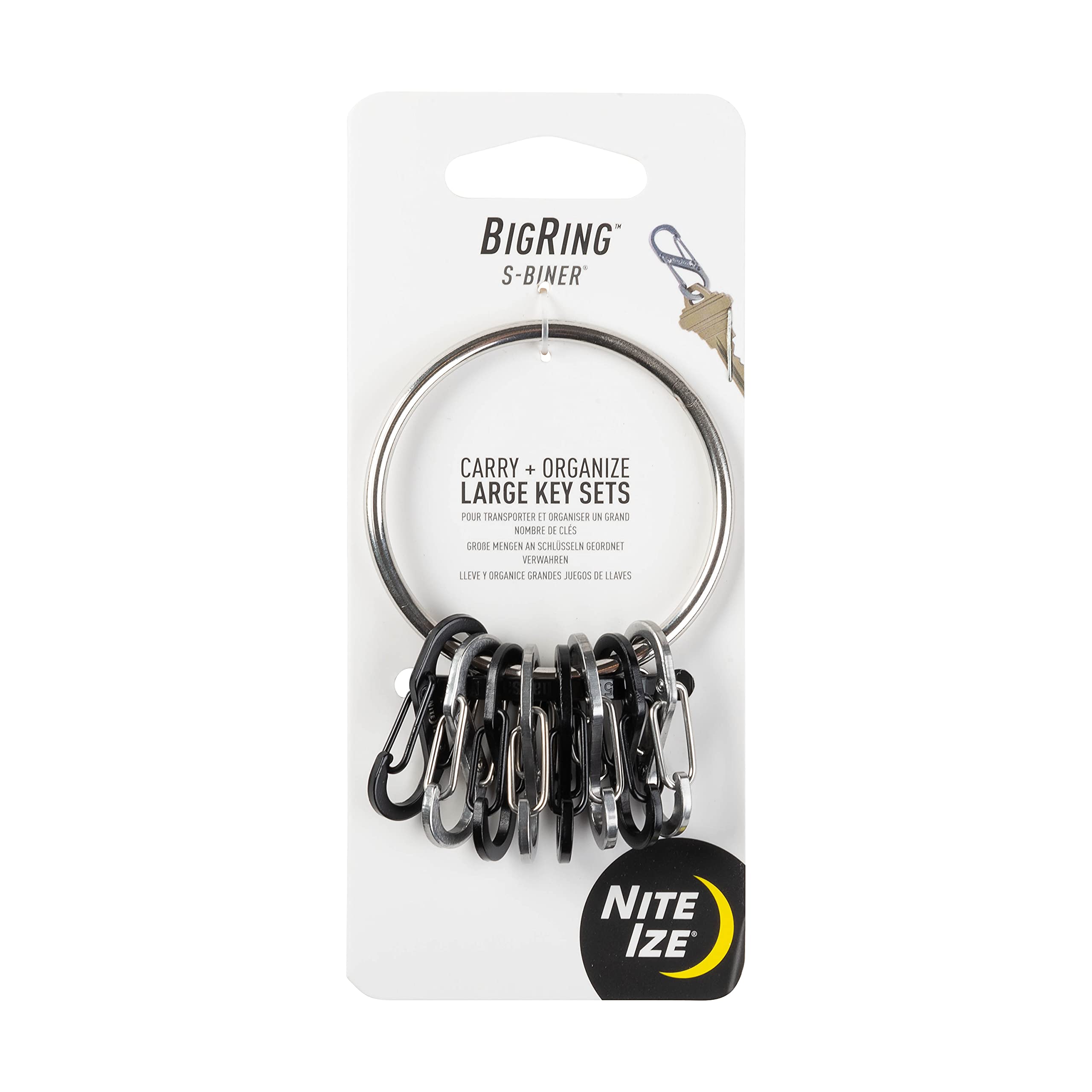 Nite IzeBigRing Steel S-Biner - Key Holder with Carabiners - Heavy-Duty Key Organizer with Black & Stainless Steel S-Biners - Key Ring for Key & Keychain Accessories