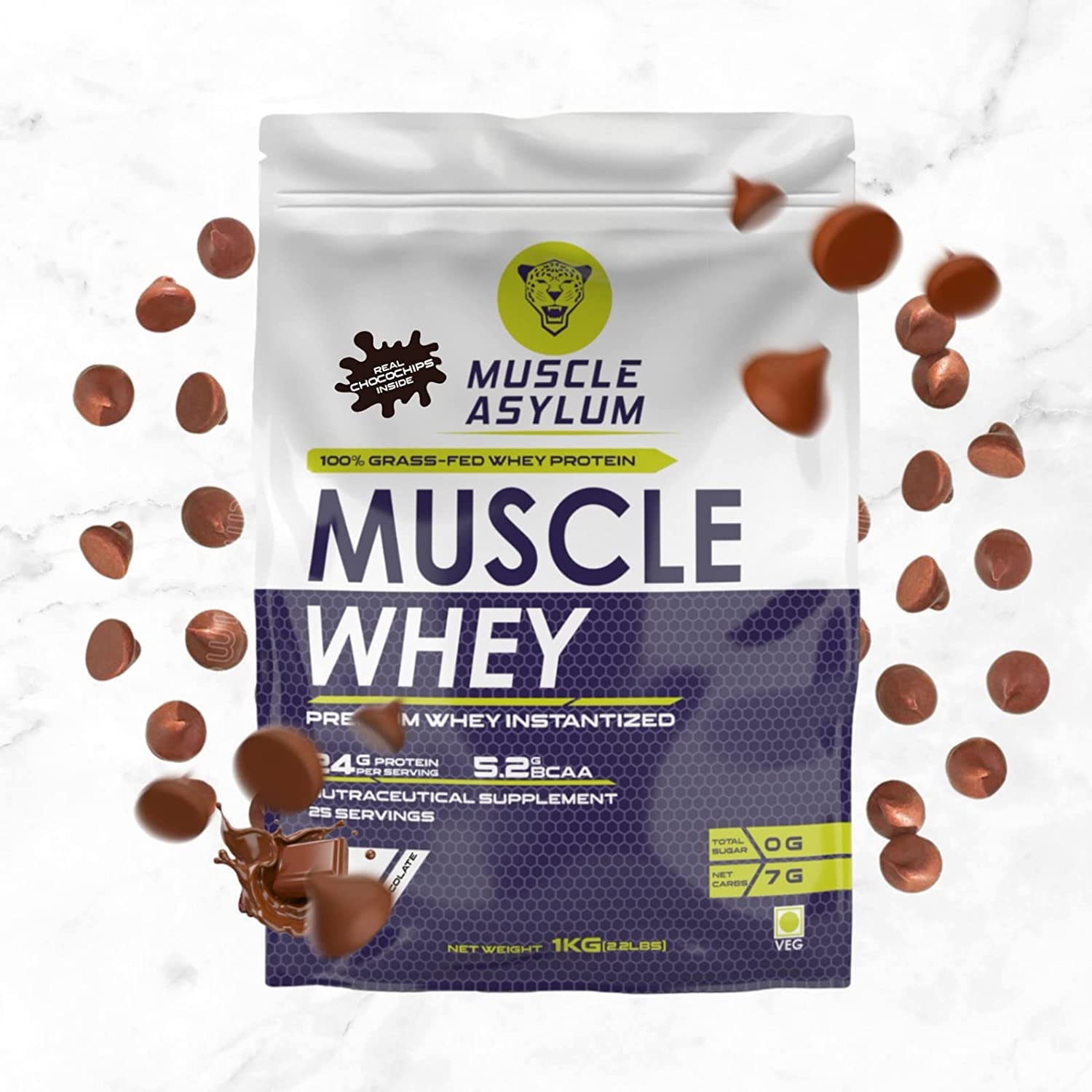 Muscle Asylum Premium Whey Protein With Real Chocochips Inside | 1kg, 25 Servings | Double Chocolate | With Genuine Lab Reports | Muscle Building & Recovery | Increased Muscle