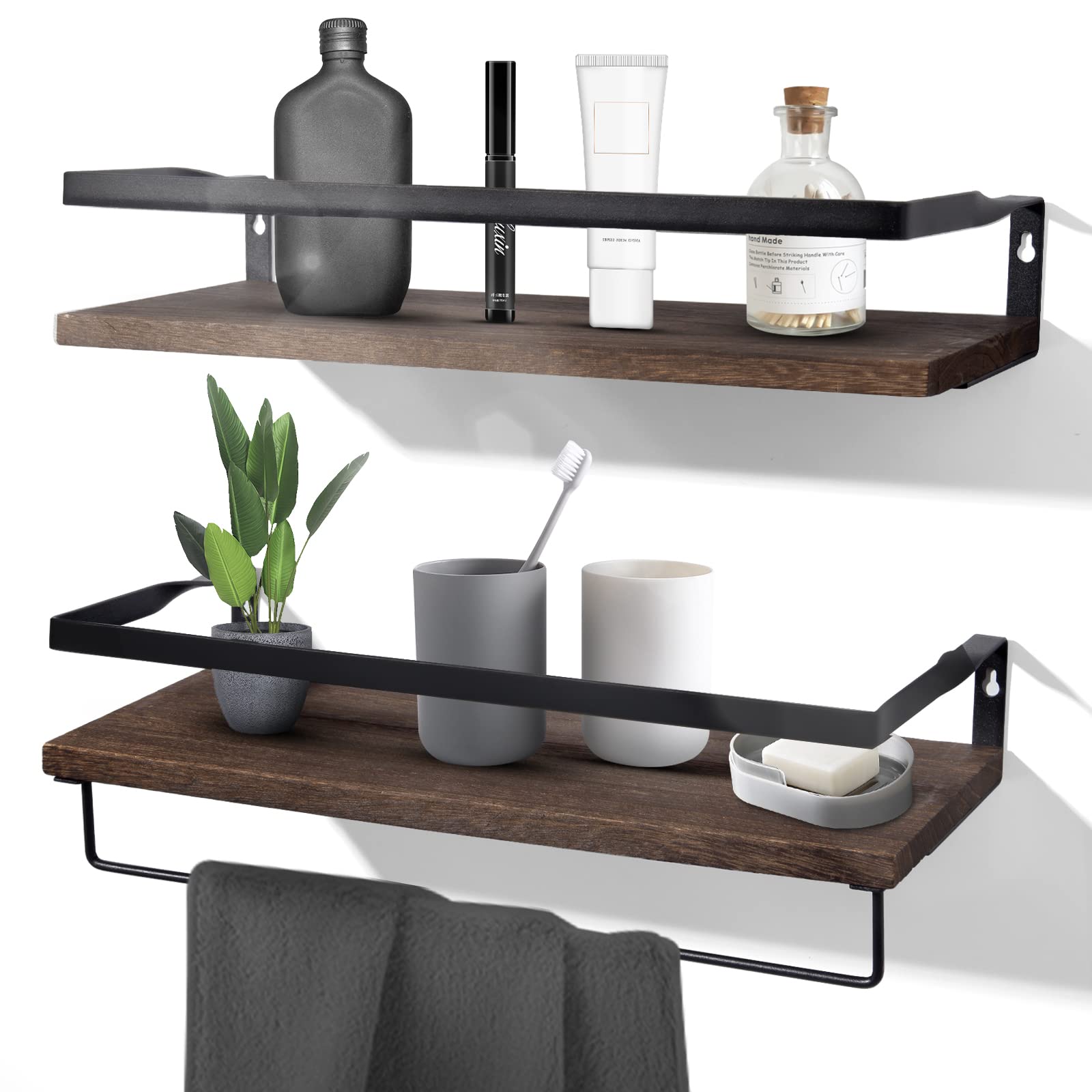 UtenFloating Shelves, Wall Shelves Set of 2, Wall Mounted for Bathroom, Bedroom, Kitchen, Bathroom Shelf with Towel Bar, Sturdy Structure, Easy Installation