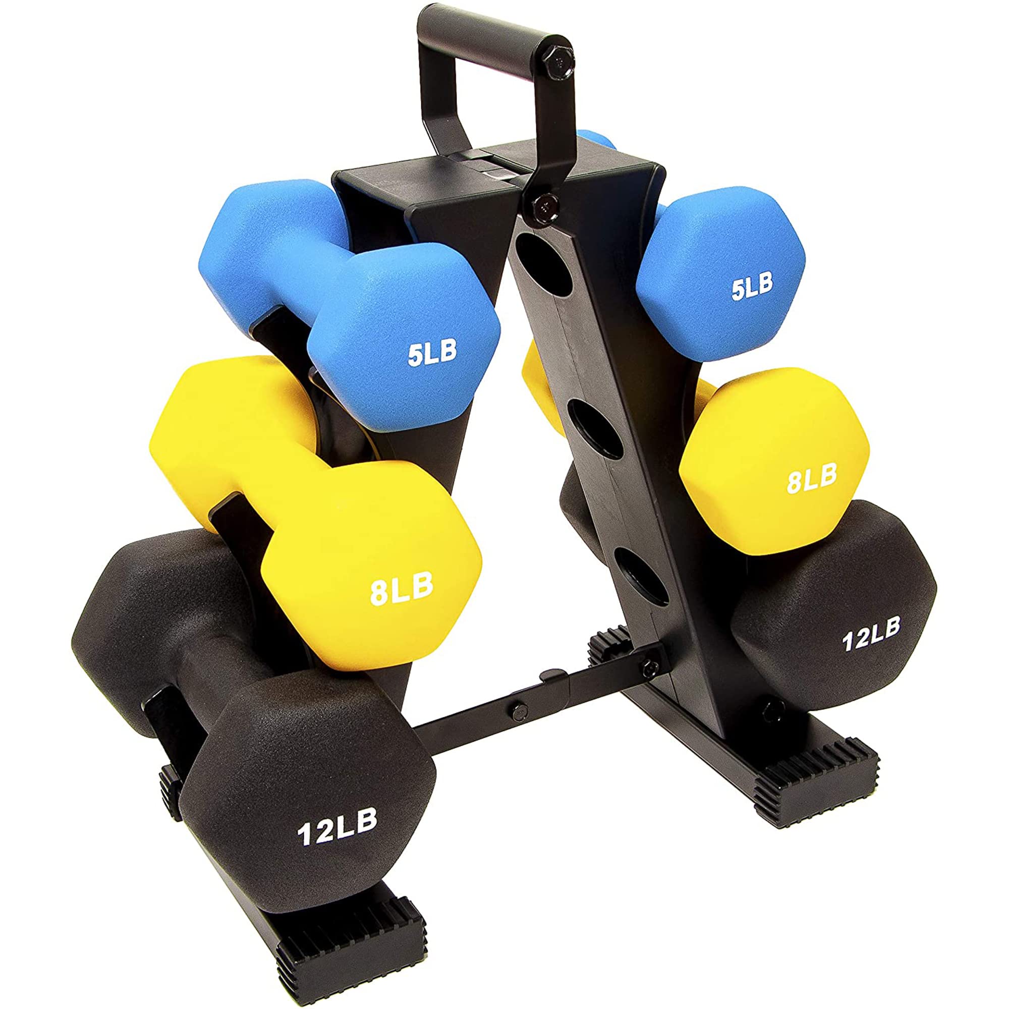 BalanceFrom Fitness 3 Pair Neoprene Coated Hexagon Shaped Dumbbell Set with 3, 5, and 8 Pound Hand Weights, Weight Stand, and Assembly Tool