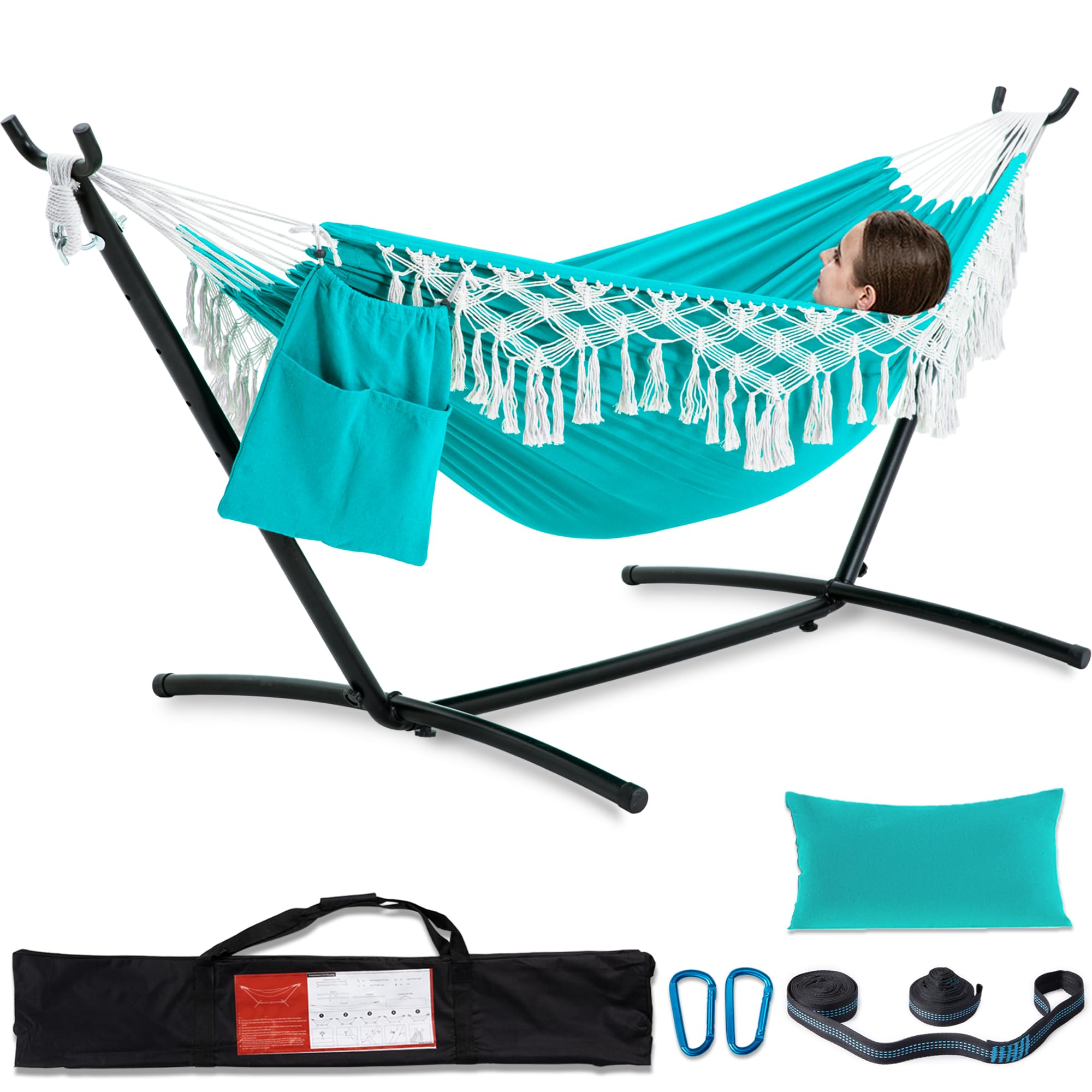 PNAEUT Handmade Tassel Hammocks, Double Hammock with Stand for Outside Indoor Outdoor, Max 450 lbs Capacity, Tree Straps & Carabiners & Pillow & Storage Bag and Portable Carrying Bag Included (Aqua)