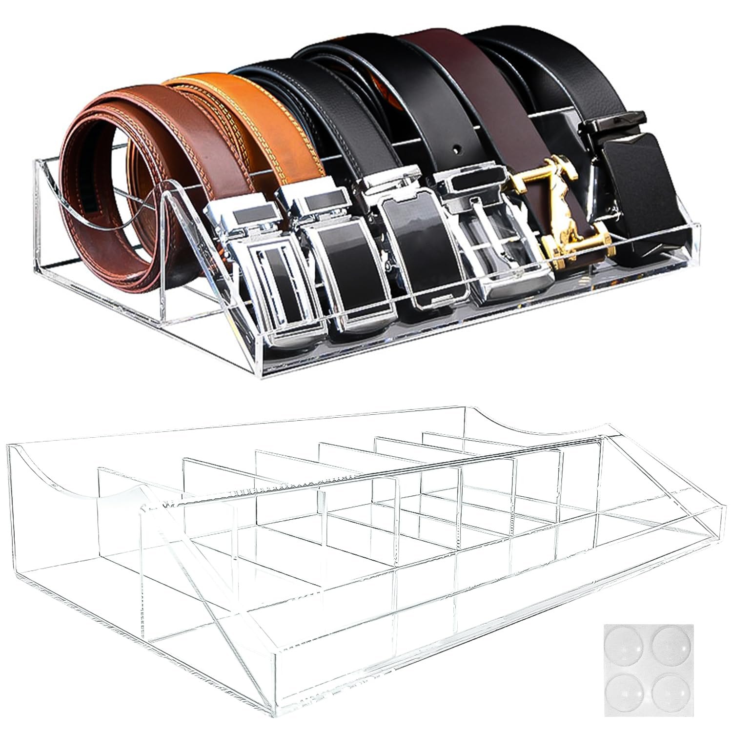 Tongboke Acrylic Belt Organizer 7 Compartments with Anti-Slip Mat, Clear Belt Box Container Display Cabinet Belt Organizer for Closet Drawer Clear Belt Box