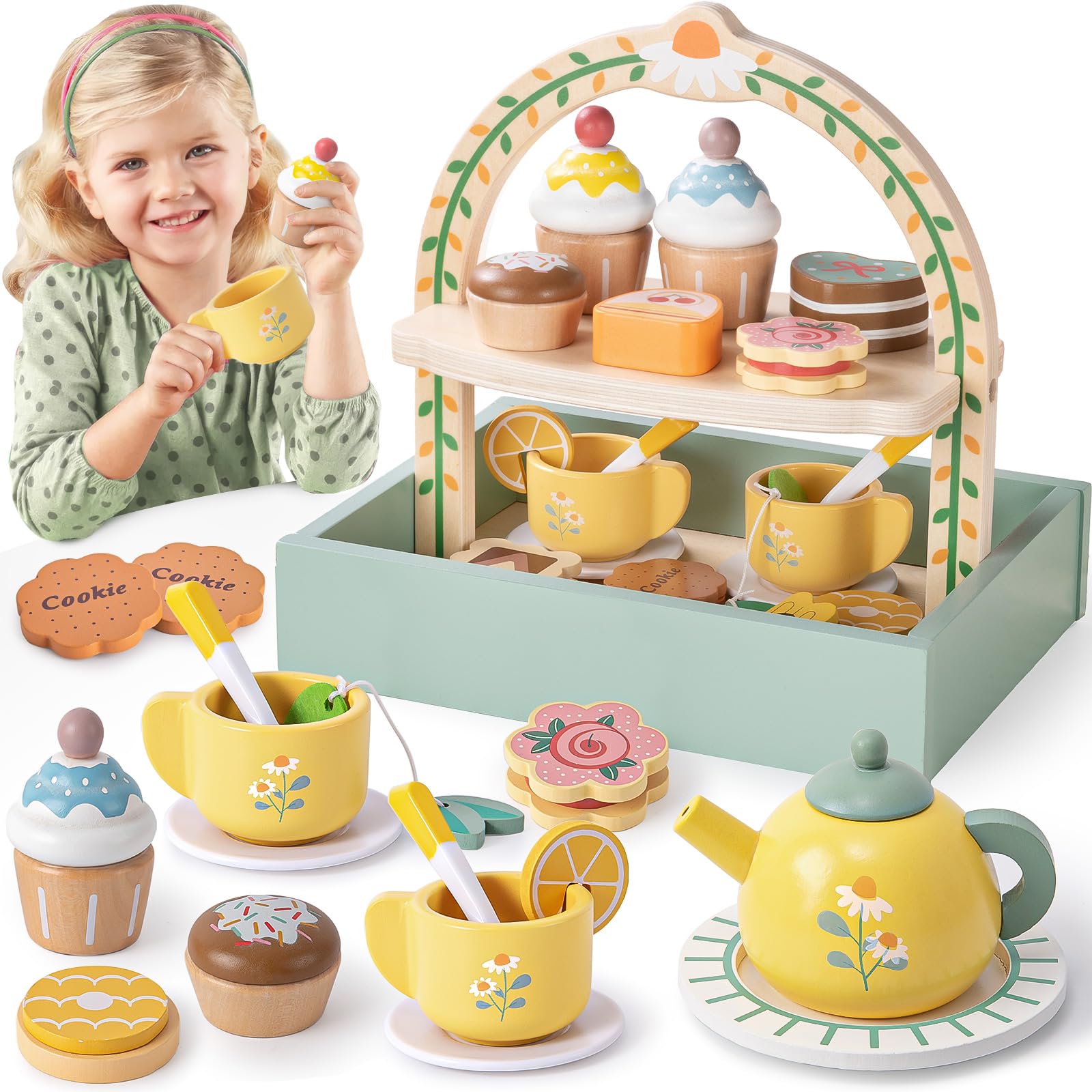 Toyssa Wooden Tea Party Set for Little Girls Toys Toddler Tea Set with Storage Cupcake Stand & Play Kitchen Accessories, Wooden Toys for Toddlers 2 3 4 5 6 Years Old, Birthday Kids Girls Gifts 1-3