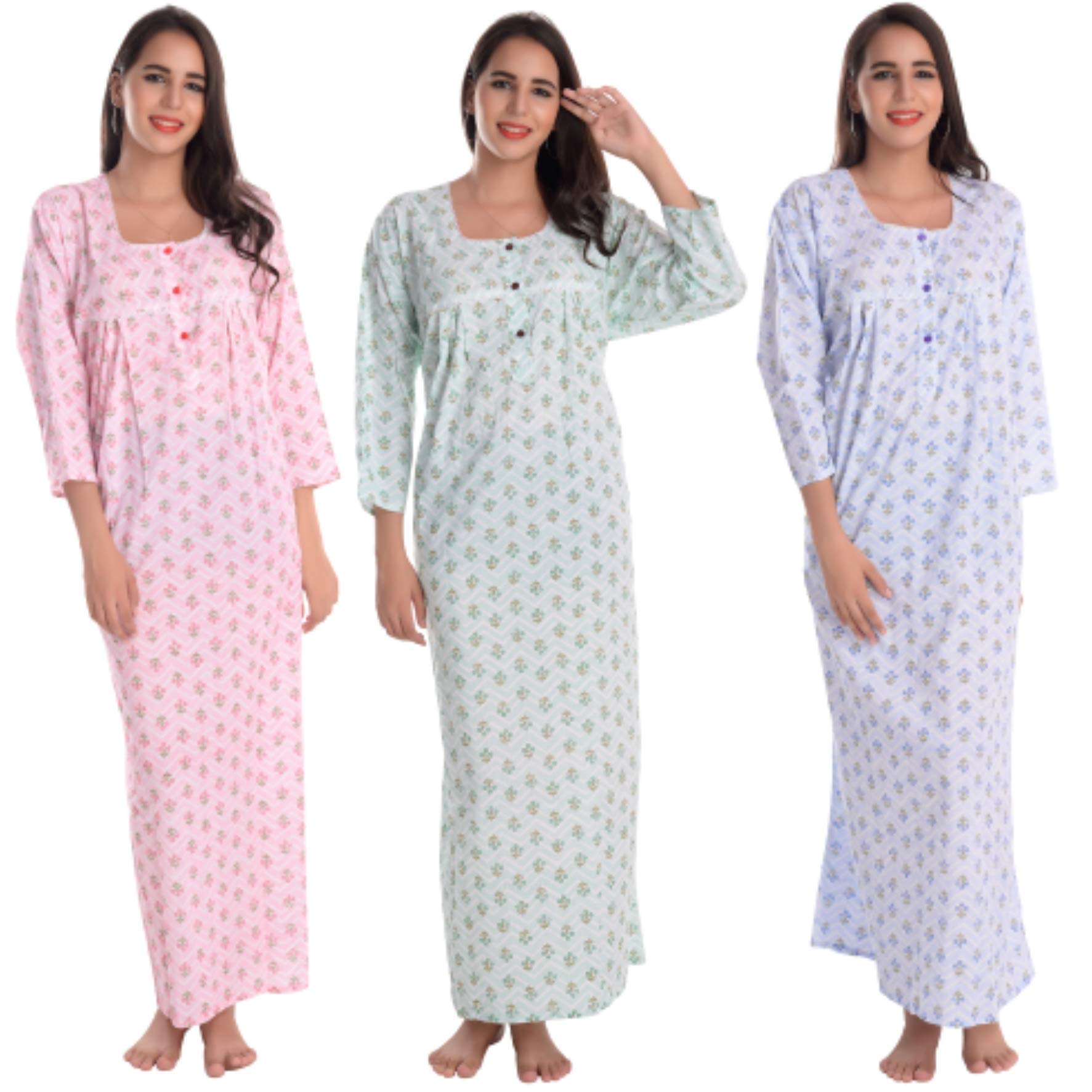 CIERGE Women's Cotton Fabric Full Sleeve Front Button Opening Beautiful Maxi Nighty (Pack of 3) Multicolour Free Size