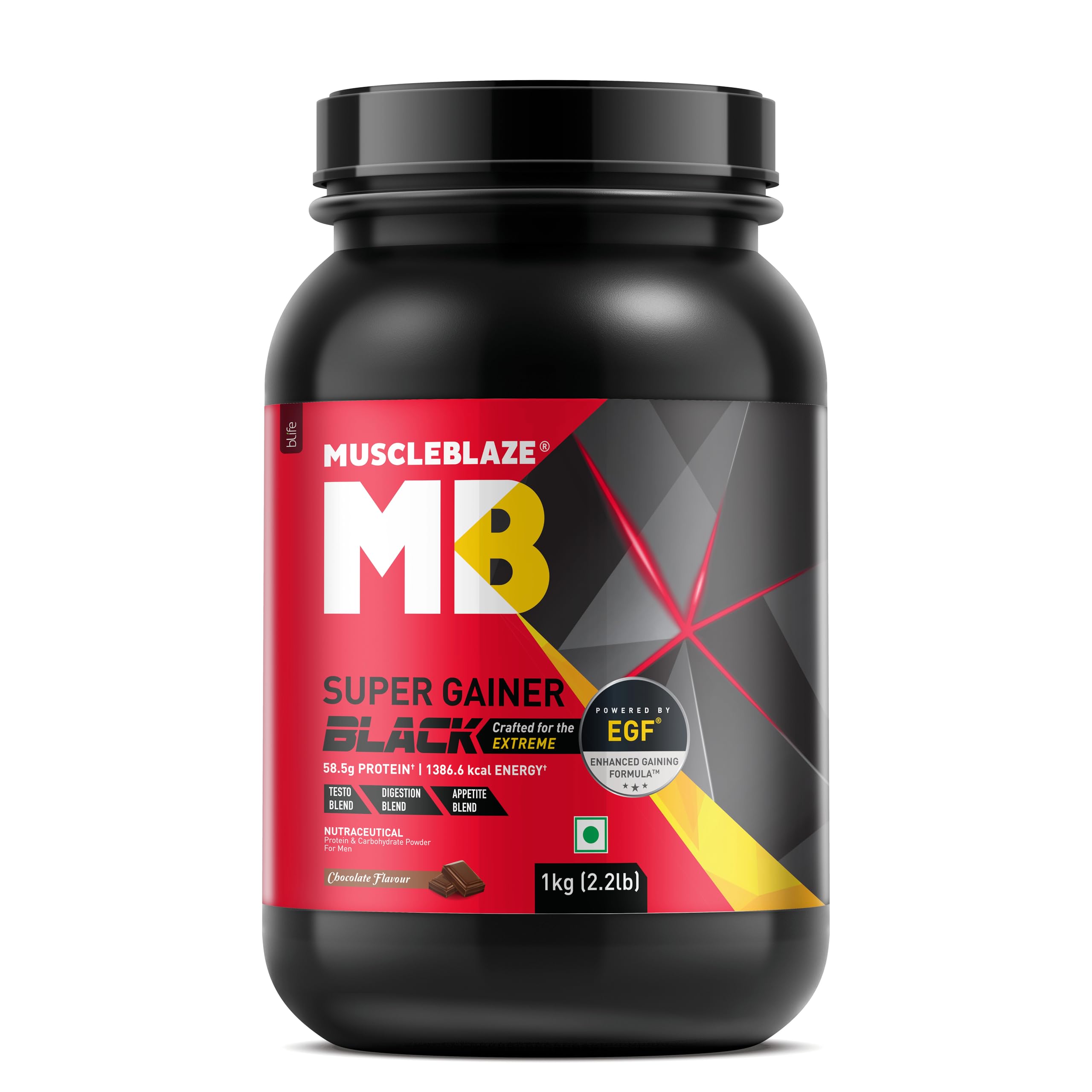 MuscleBlaze Super Gainer Black (Chocolate, 1 kg / 2.2 lb Powder)with Enhanced Gaining Formula- Appetite, Digestion & Testo Blend for Muscle Mass Gain