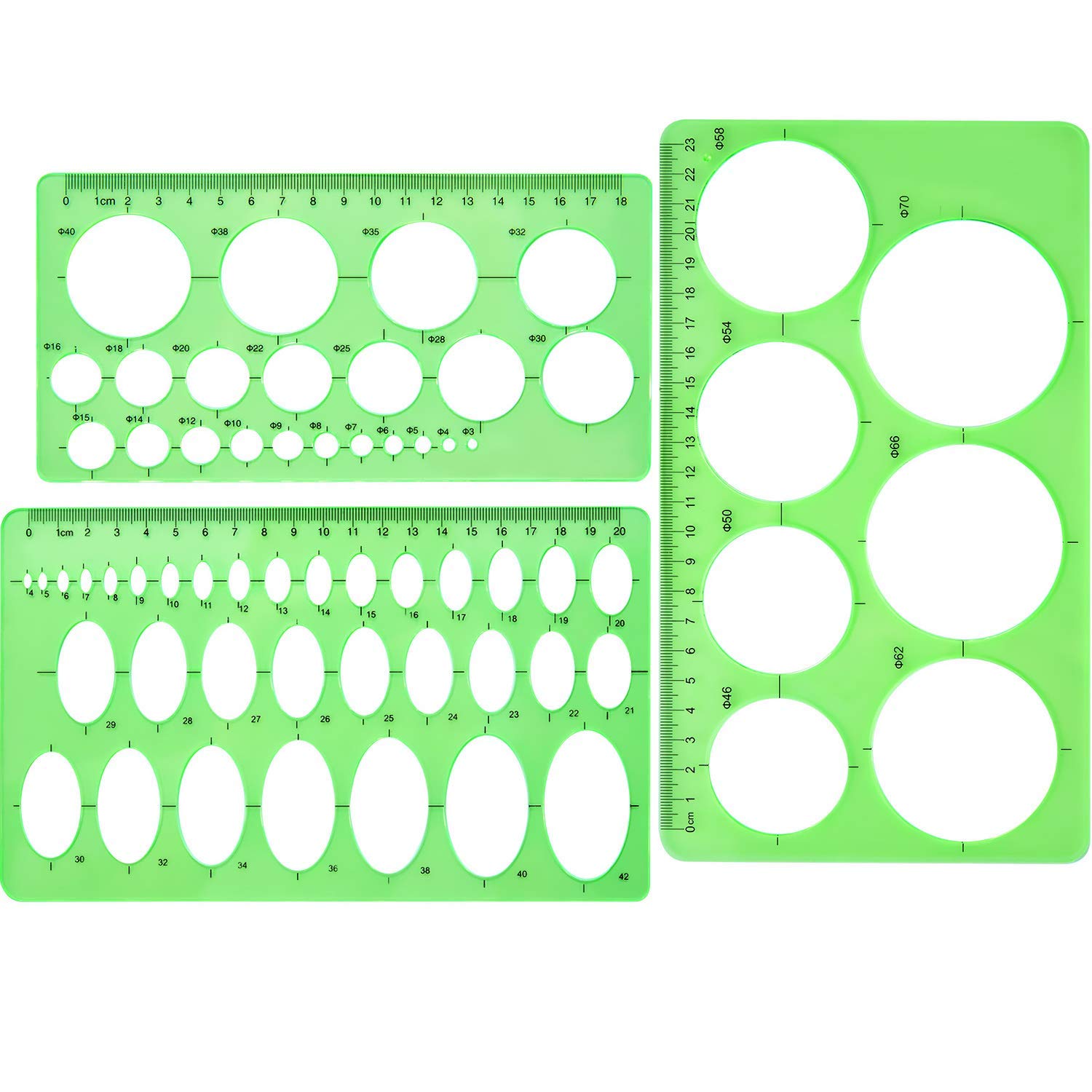 Benting Circle Template Pack of 3 Plastic Circle and Oval Templates Measuring Templates Rulers Digital Drawing for Office and School Building Formwork Drawings Templates (Clear Green)