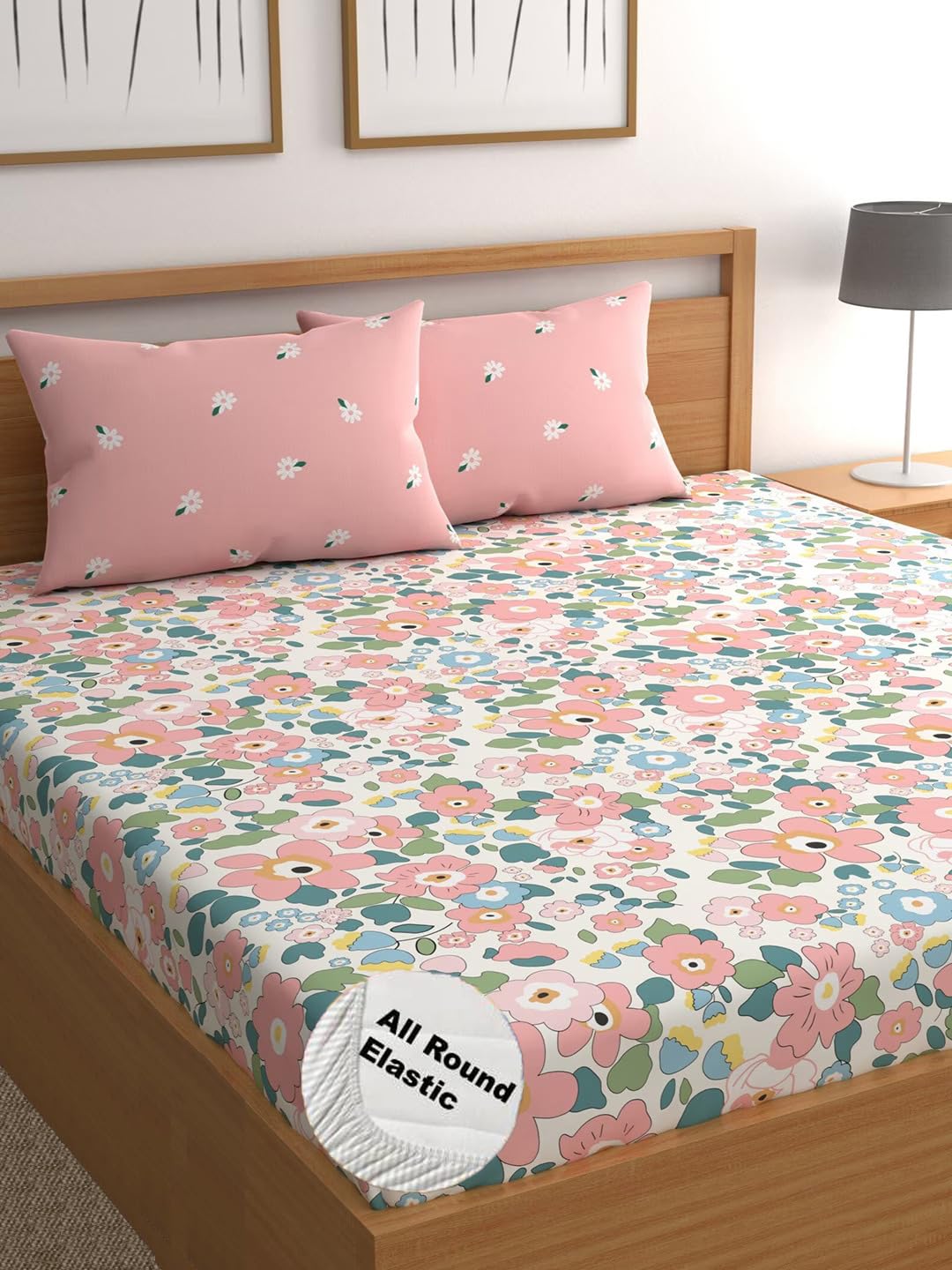 LOOMLYFELOOMLYFE Cotton Feel Glace Cotton Elastic Fitted Printed King Size Double Bed Bedsheet With 2 Pillow Covers Fits Upto 8 Inches Mattress,Size- 72X78X10 Inches,Pinkflower, 300 Tc