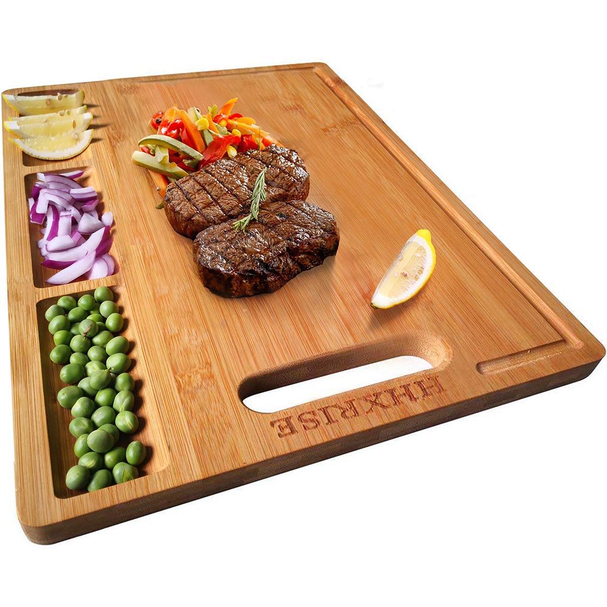 HHXRISE Large Organic Bamboo Cutting Board For Kitchen, With 3 Built-In Compartments And Juice Grooves, Heavy Duty Chopping Board For Meats Bread Fruits, Butcher Block, Carving Board, BPA Free