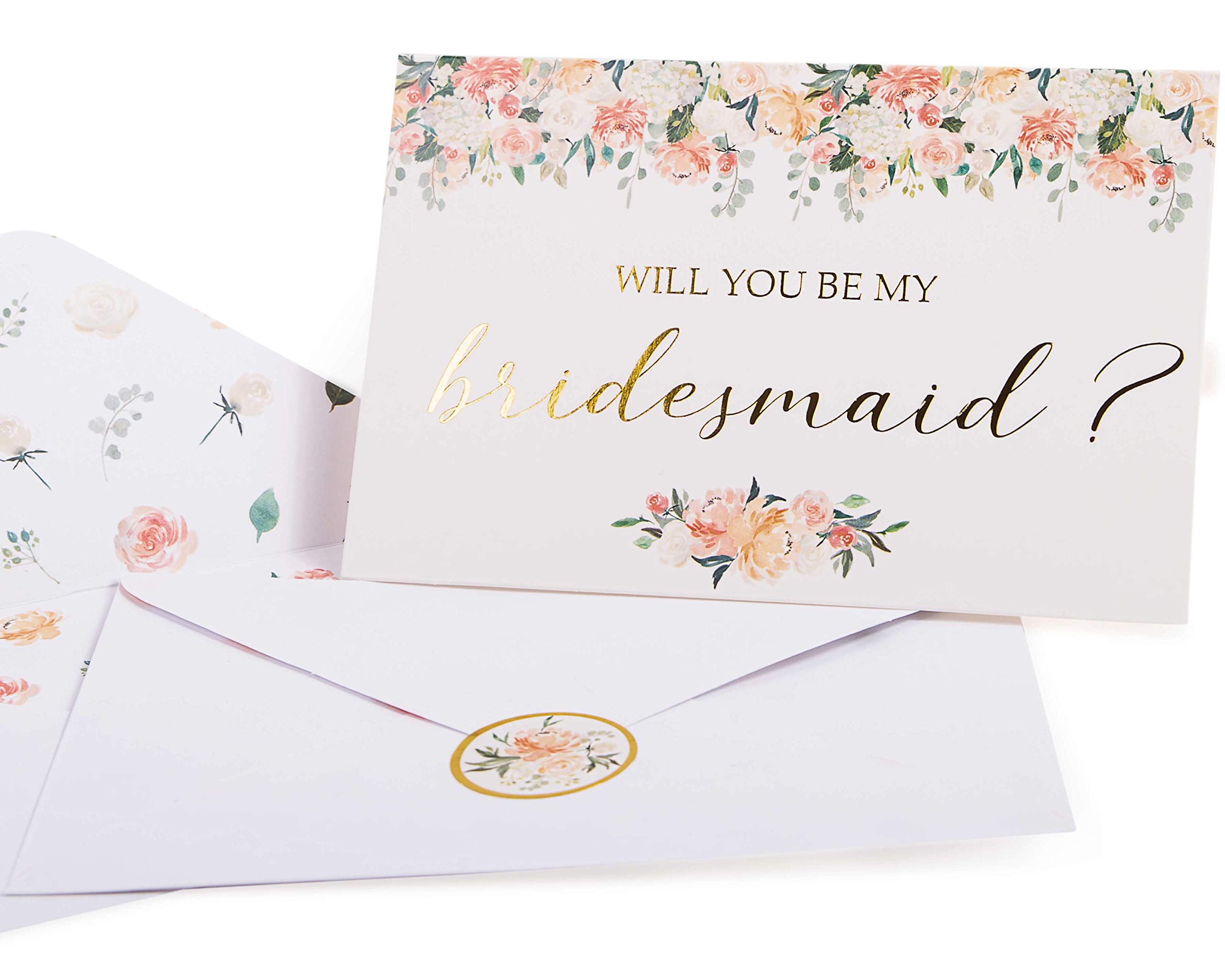 Bridesmaid Proposal Cards. Box set of 8 Will You Be My Bridesmaid and 2 Maid of Honor cards. 4 x 6 floral cards with gold foil ideal for bridal party or to go with bridesmaid gifts.