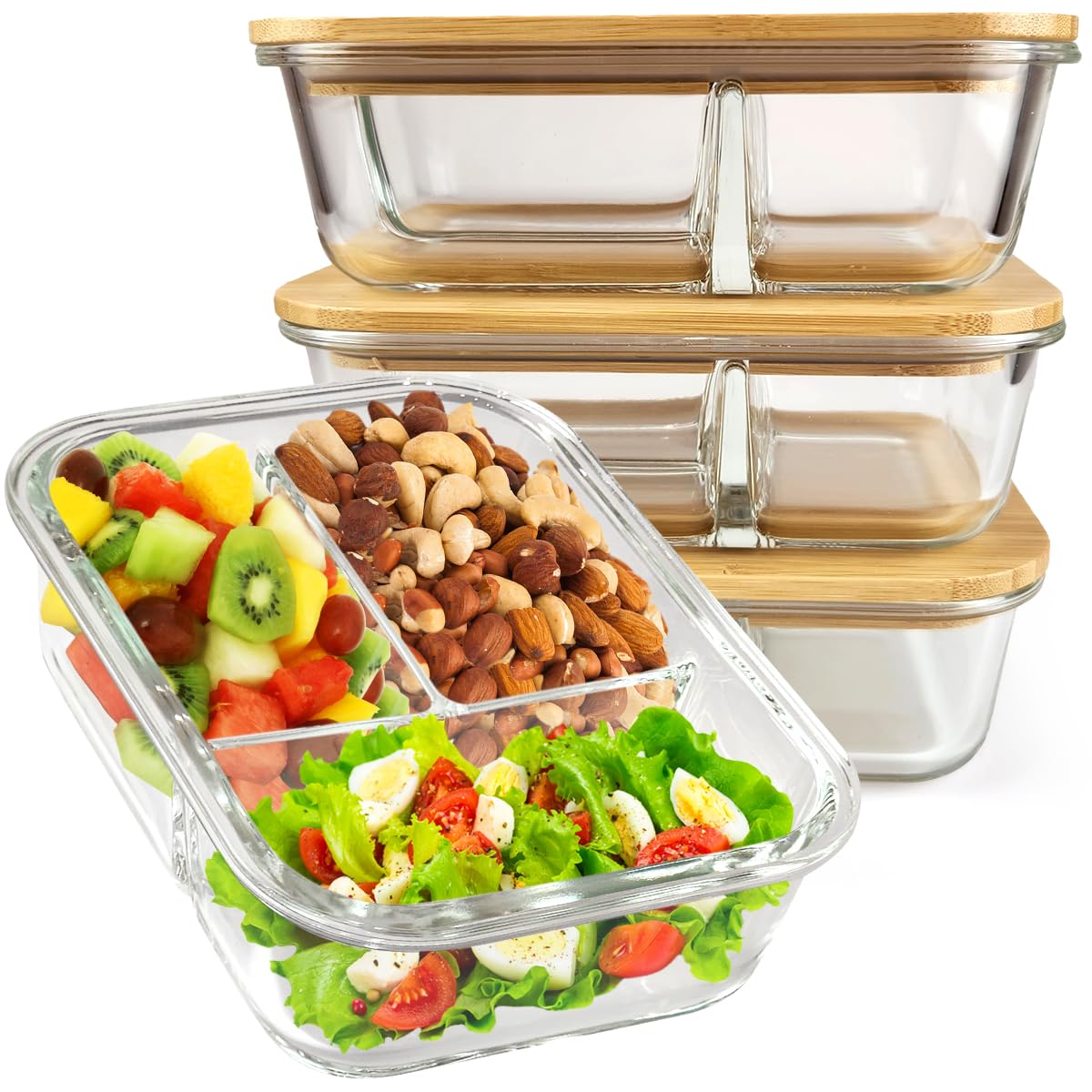 3-Compartment Glass Food Storage Containers with Lids for Lunch Storage, Glass Bento Box Set with Airtight Bamboo Lids - Great Mel Prep Containers for Lunch & Portion Control, 3 Pack, 31.5oz