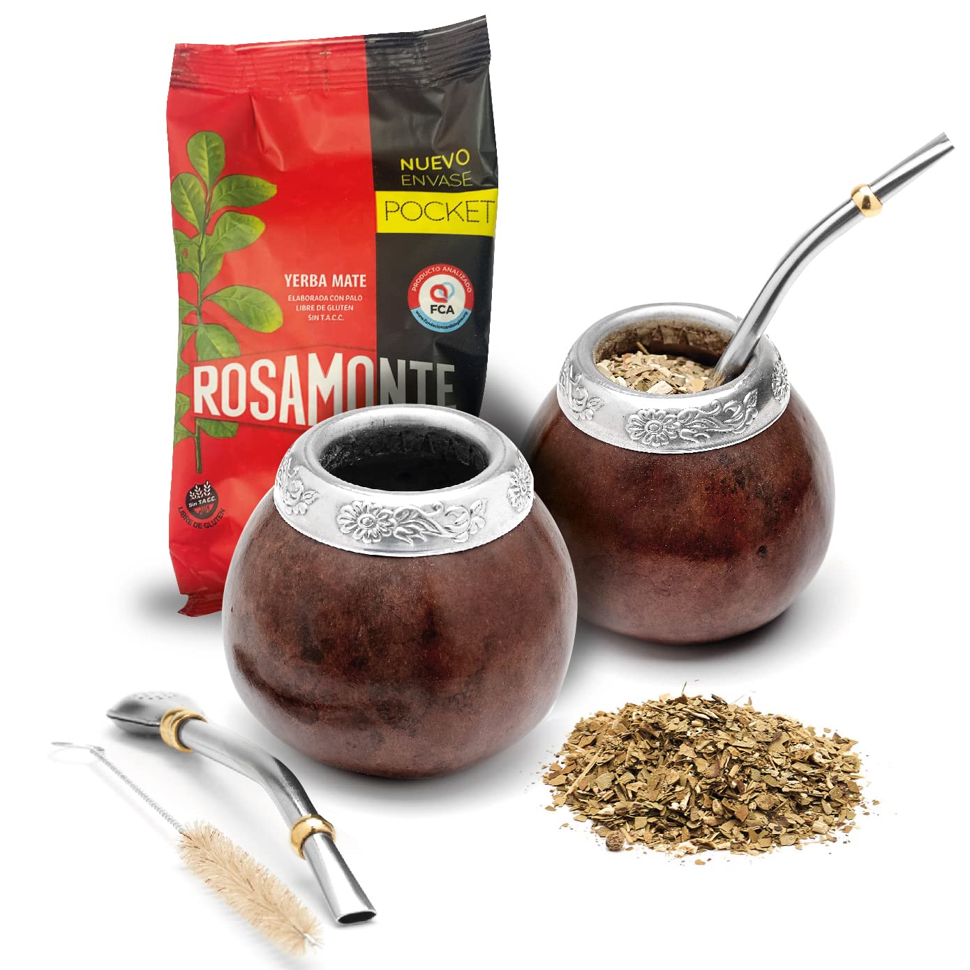 BALIBETOVSet of Two Yerba Mate Gourd and One Pack of 100gr - 3.5OZ of Yerba Mate - Yerba Mate Cup Argentina - 2 Mate Tea Cup, 2 Bombilla, 1 Cleaning Brush, 1 Loose Leaf Yerba Mate bag (DARK BROWN)