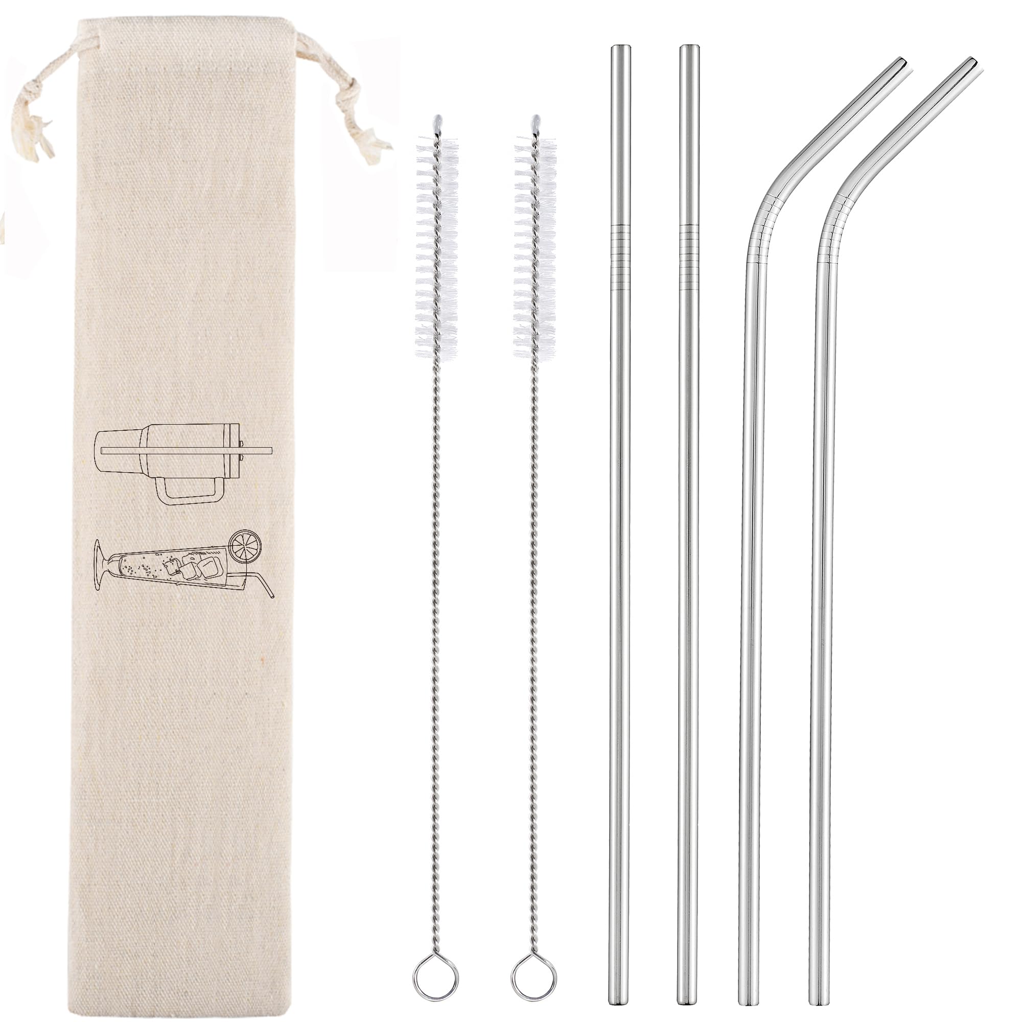 Set of 4 Reusable Metal Straws, Long Stainless Steel Straw with Cleaning Brushes and Case, Drinking for 30 oz and 20 oz Tumblers.