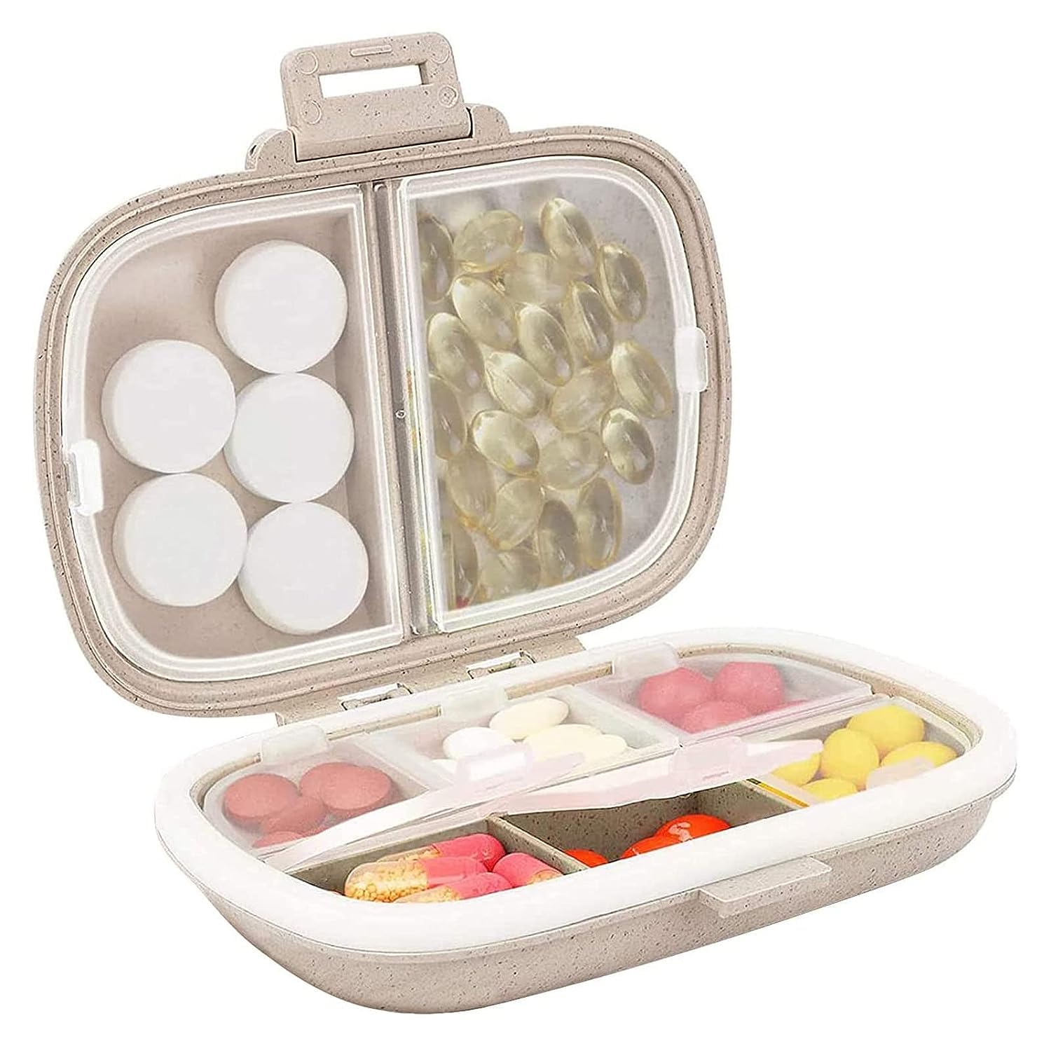 Travel Daily Pill Organizer, 8 Compartments Moisture Proof Small Pill Box for Pocket Purse Daily Pill Case Portable Medicine Vitamin Holder Container Box, Khaki