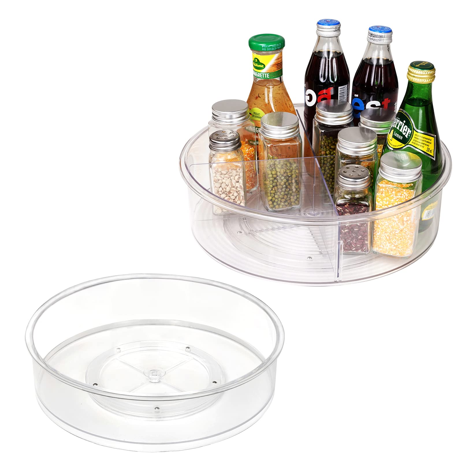 Puricon2 Pack Lazy Susan Turntable Organizer (1 Large with Divider and 1 Medium), Clear Plastic Round 360°Rotating Storage Container Bins for Cabinet Kitchen Pantry Countertop Fridge Bathroom