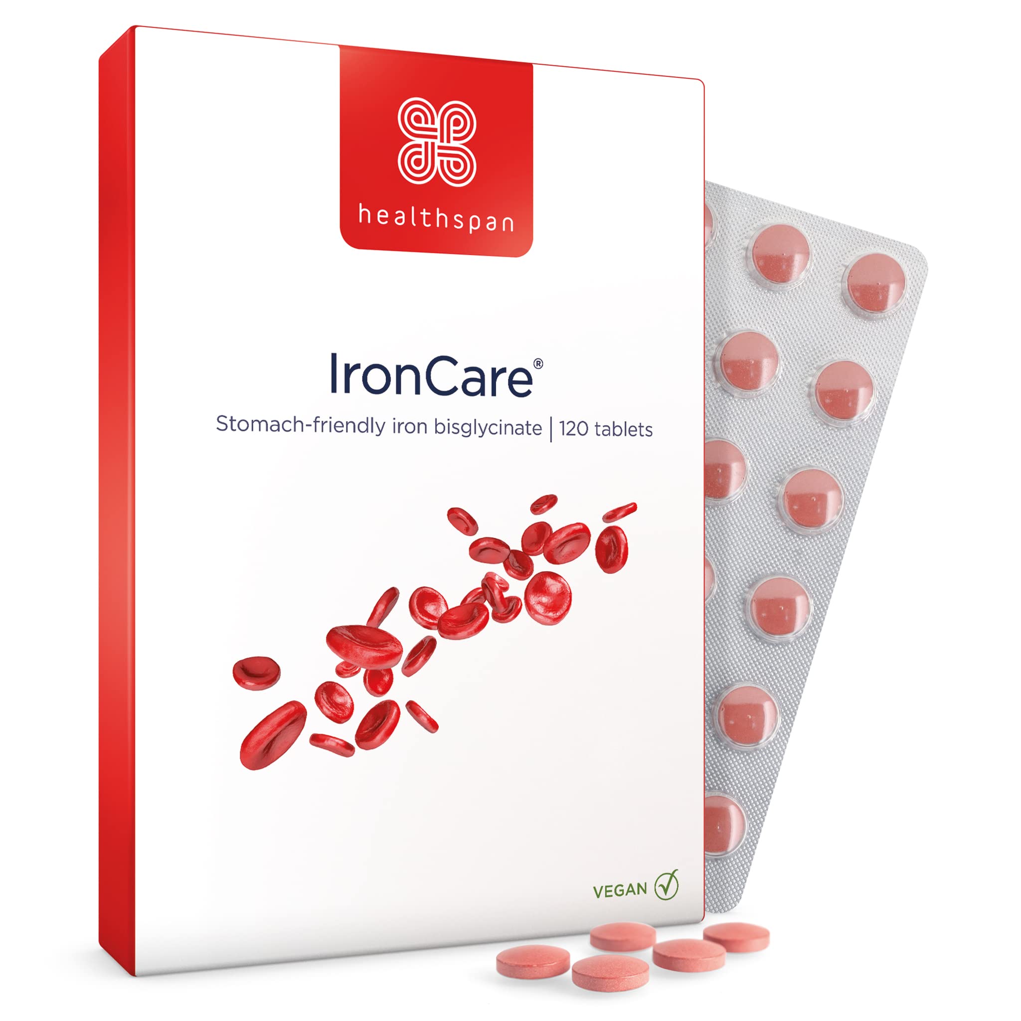 Healthspan IronCare (120 Tablets) | Added Vitamin C & B2, B6 & B12 | Stomach Friendly | Combats Tiredness & Fatigue | Supports Red Blood Cell Formation | Vegan