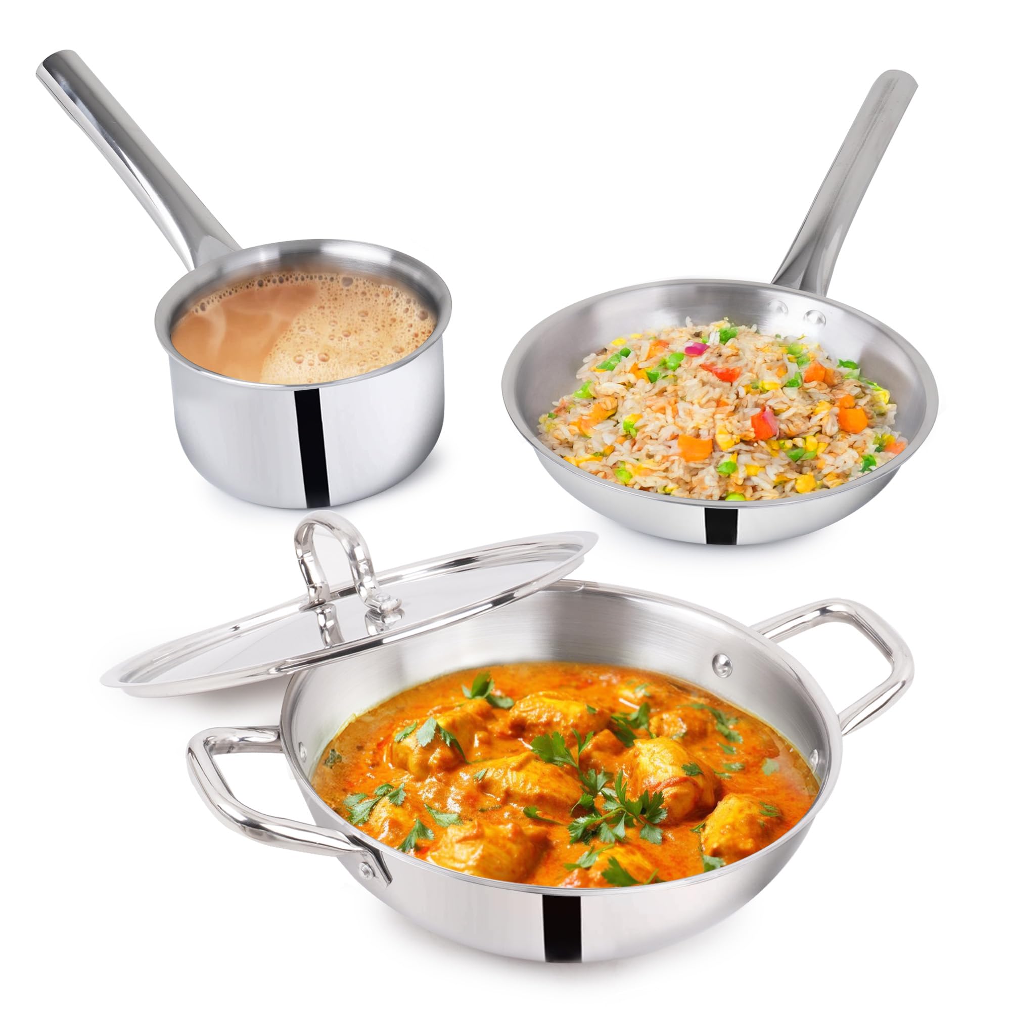 The Indus Valley Triply Stainless Steel Cookware Set | Kadai (24 cm/3 L)+ Fry Pan (22 cm/1.4L) + Sauce Pan (14cm/1.2L) | Kitchen Cooking Combo Pots & Pans Set of 4Pcs | Naturally Nonstick Silver