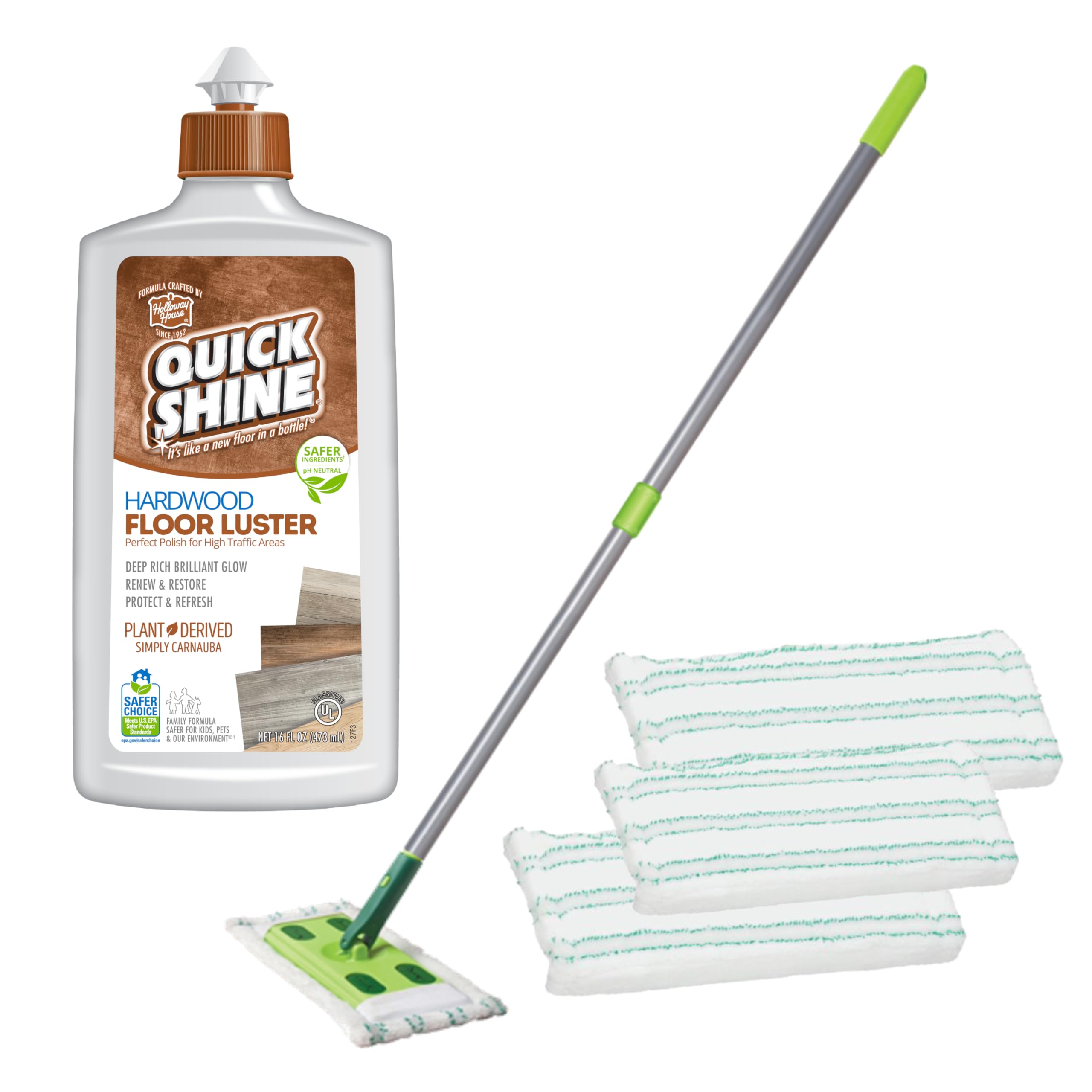 Quick ShineHardwood Floor Polish Mop Kit, Includes (1) Hardwood Floor Mop, (3) Microfiber Pads and (1) 16 oz Hardwood Floor Luster w/Carnauba | Safer Choice Certified pH Neutral Ready to Use Formula