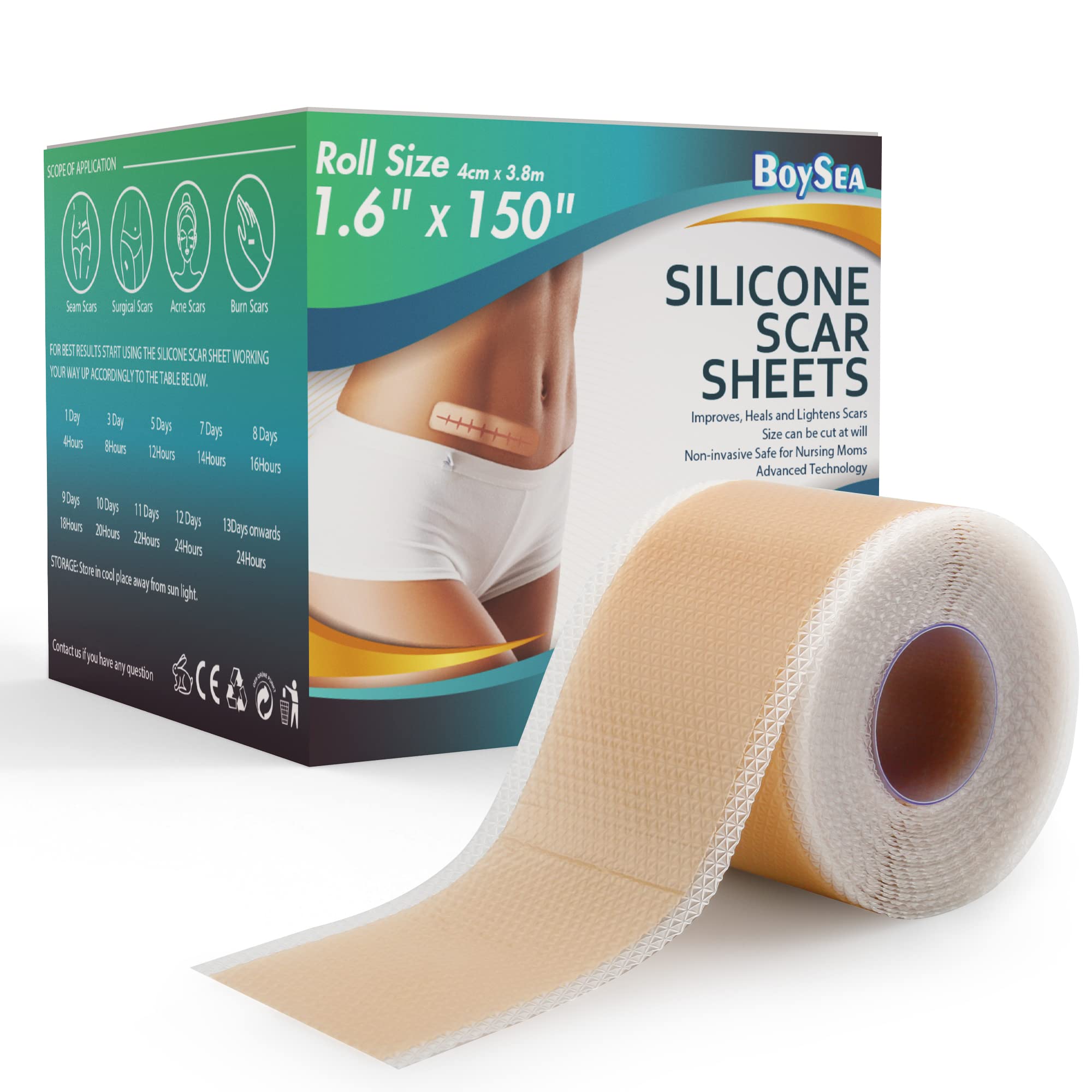 Professional Silicone Scar Sheets (1.6" x 150" Scar Roll-3.8M) - Scars Removal Treatment - Reusable Silicone Scar Tape Strips Type for Keloid, C-Section, Surgery, Burn, Acne et