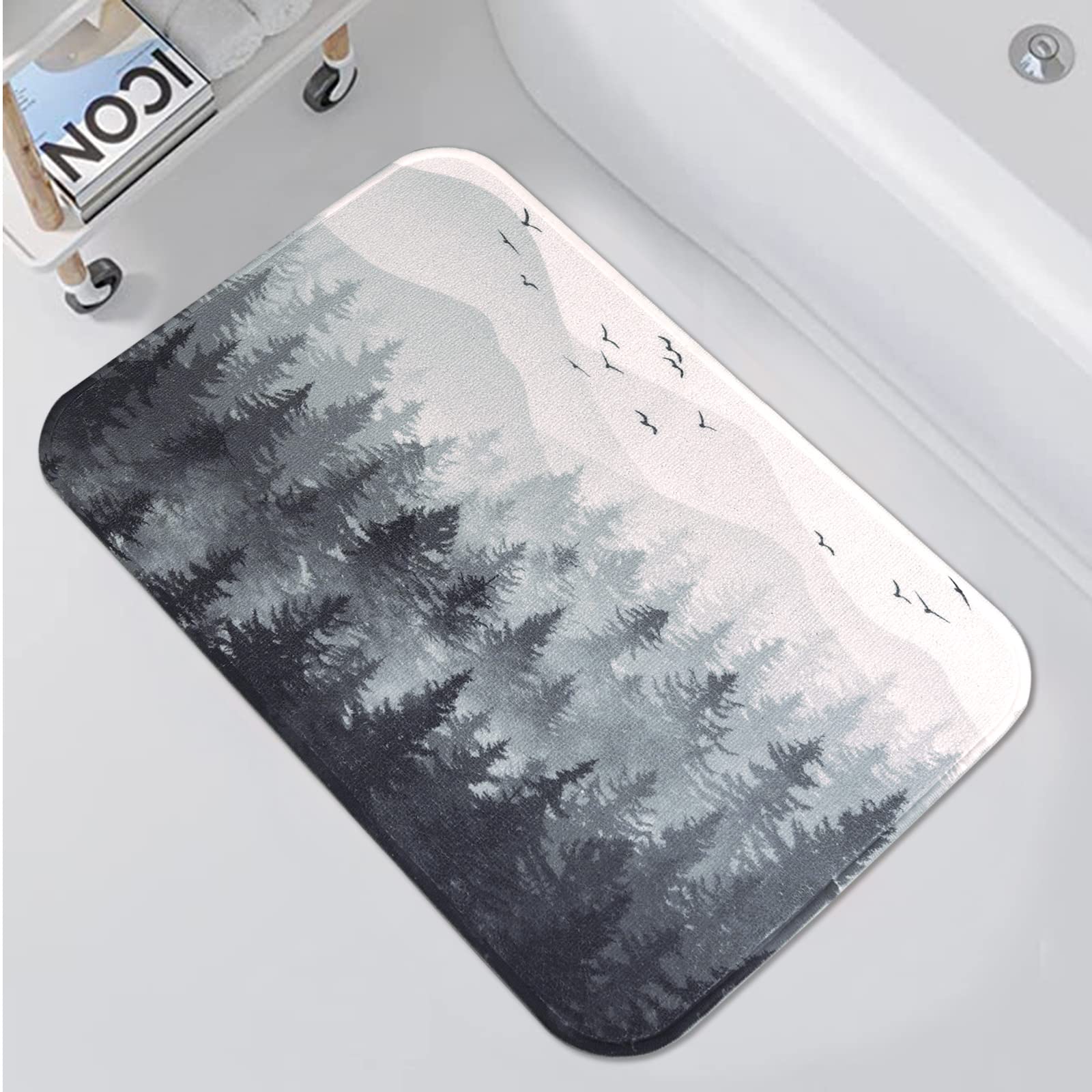 AccniccBlack Misty Forest Small Bathroom Rugs Mat Gray Nature Tree Mountain Bath Rugs Water Absorbent Non-Slip Shower Mat Soft Microfiber Grey Bath Mats for Bathroom Decor (Black, 24'' × 16'')