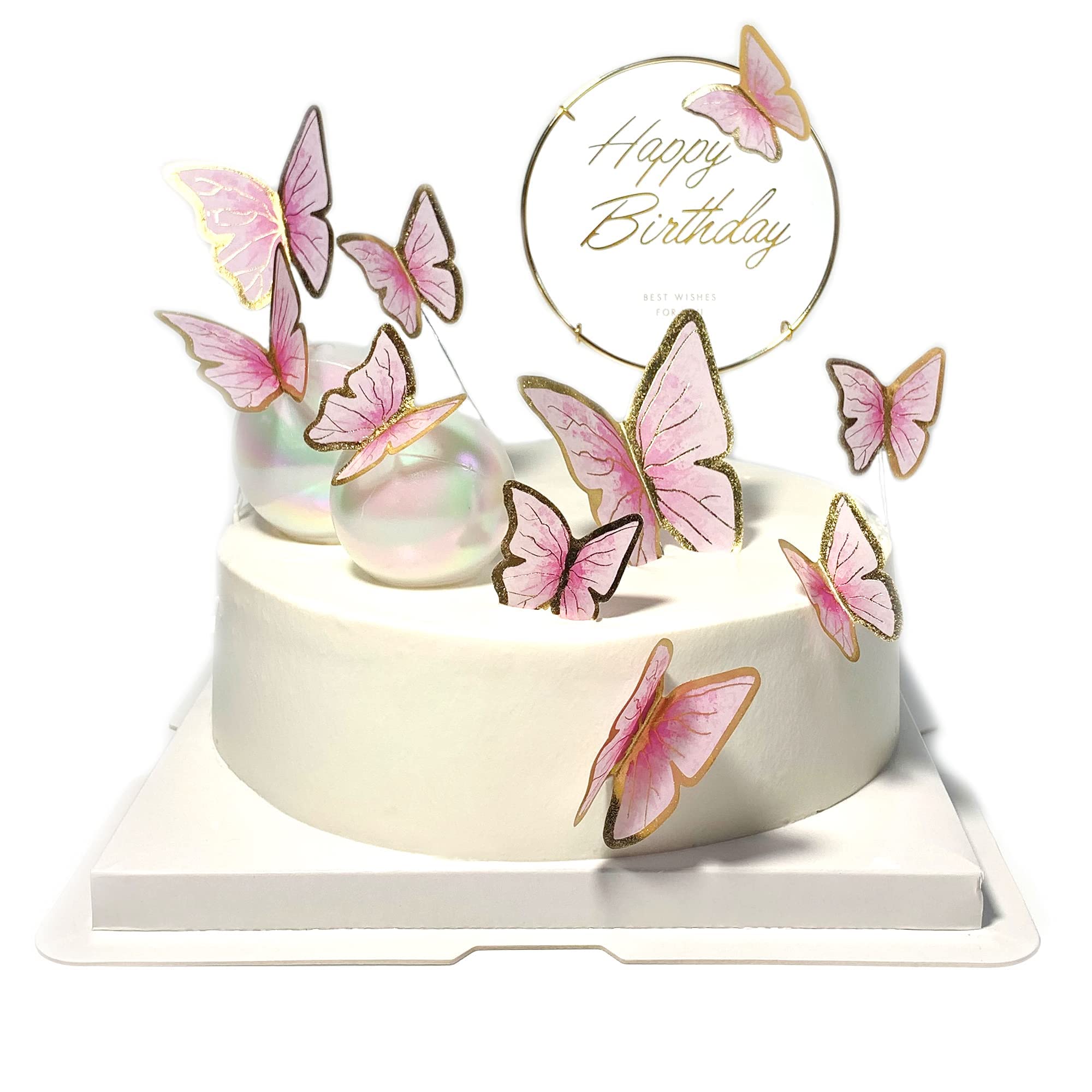 azzeell 11-Pieces Butterfly Cake Toppers Happy Birthday Metal Gold Happy Birthday Cake Topper Butterfly Birthday Cake Decorations Cake Butterfly Party Decorations(Pink Gold)