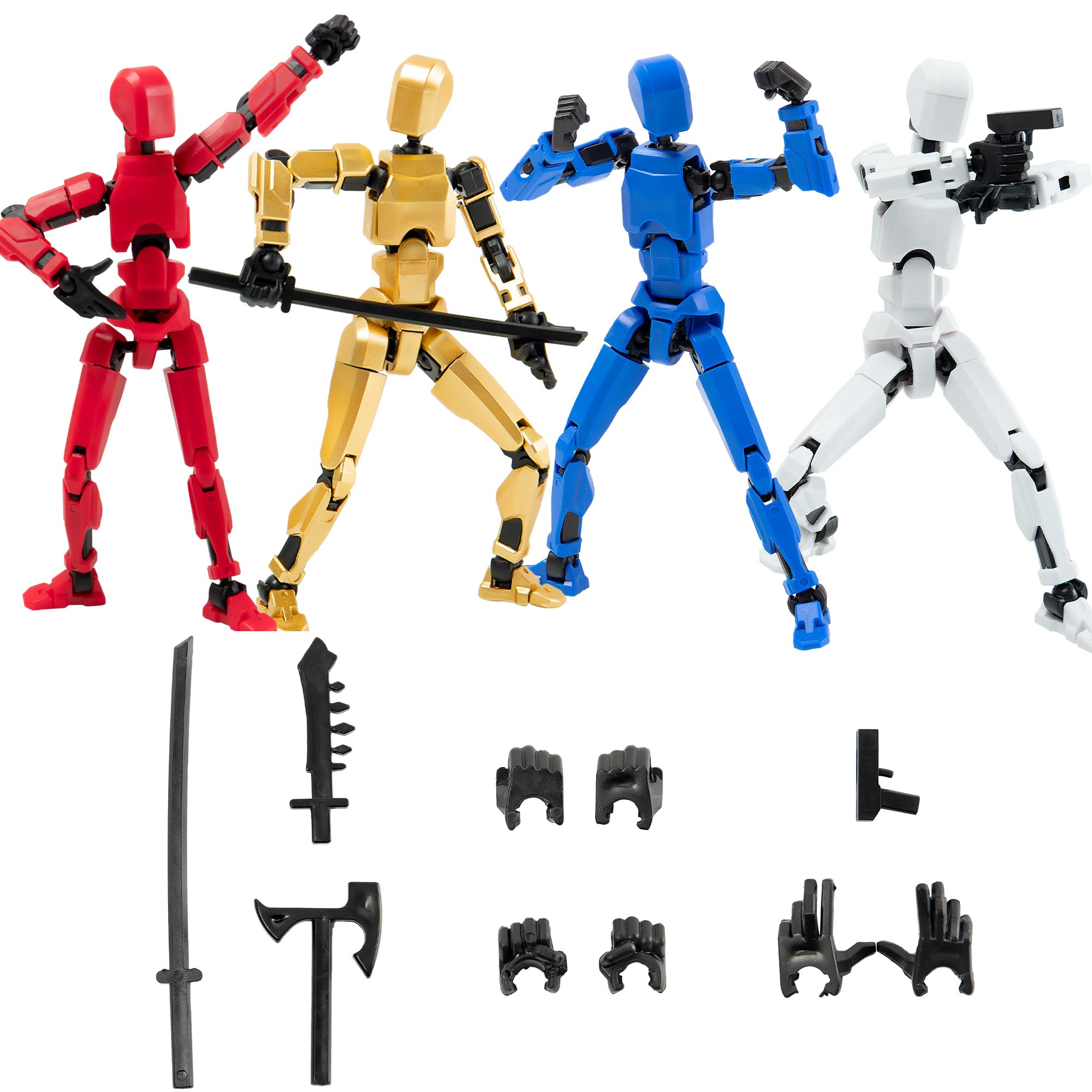 4PCS Assembled Titan T13 Action Figures Set Lucky Dummy Nova 13 Action Figure Robot Anime Stick Figures Fidget Toys for Boys Multi Movable Joints Gifts Toys for Kids (Golden+White+Blue+Red)