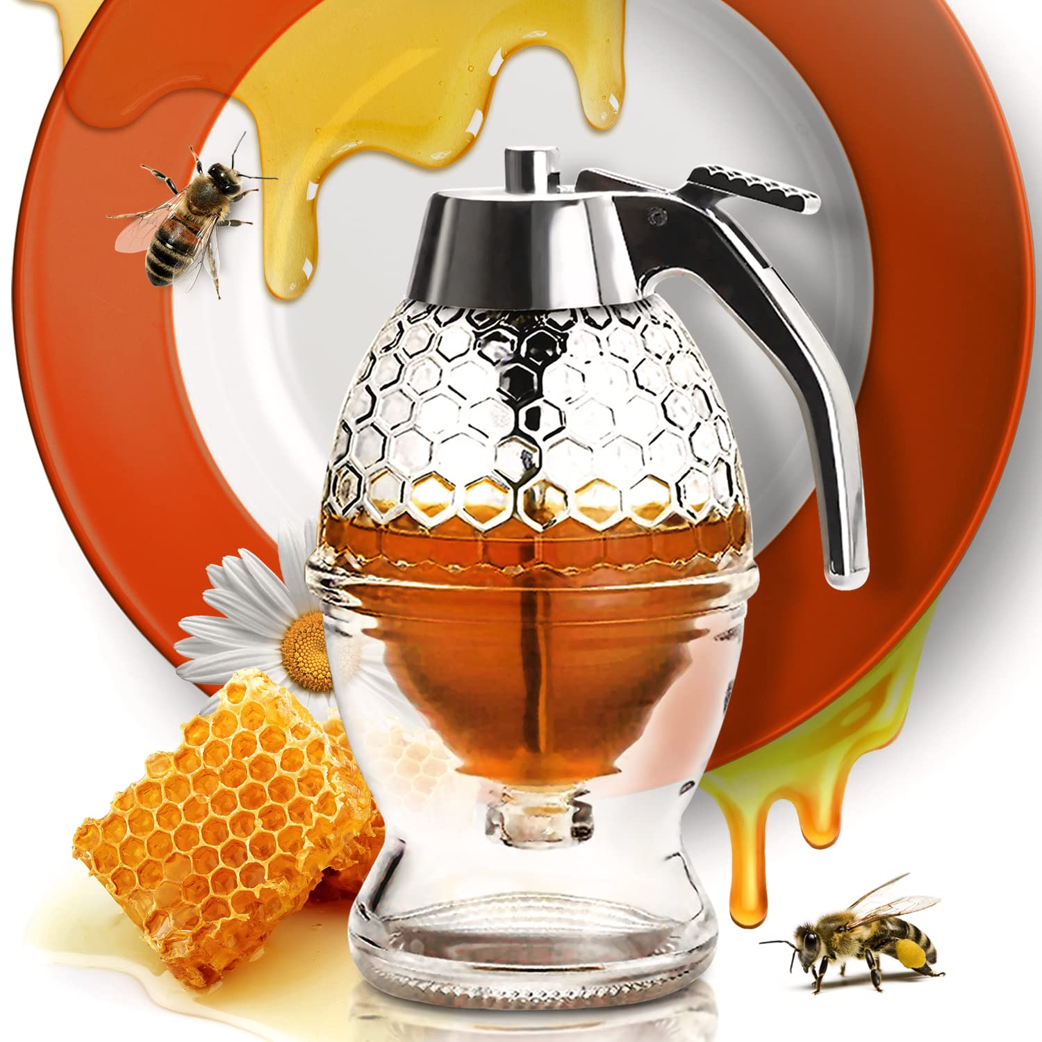 Glass Honey Dispenser – No Drips, No Trails Honey Container 8 Oz with Stand – Easy to Clean Honey Pot – Honey Jar with Dipper – Maple Syrup Dispenser – Syrup Holder with Honeycomb Design