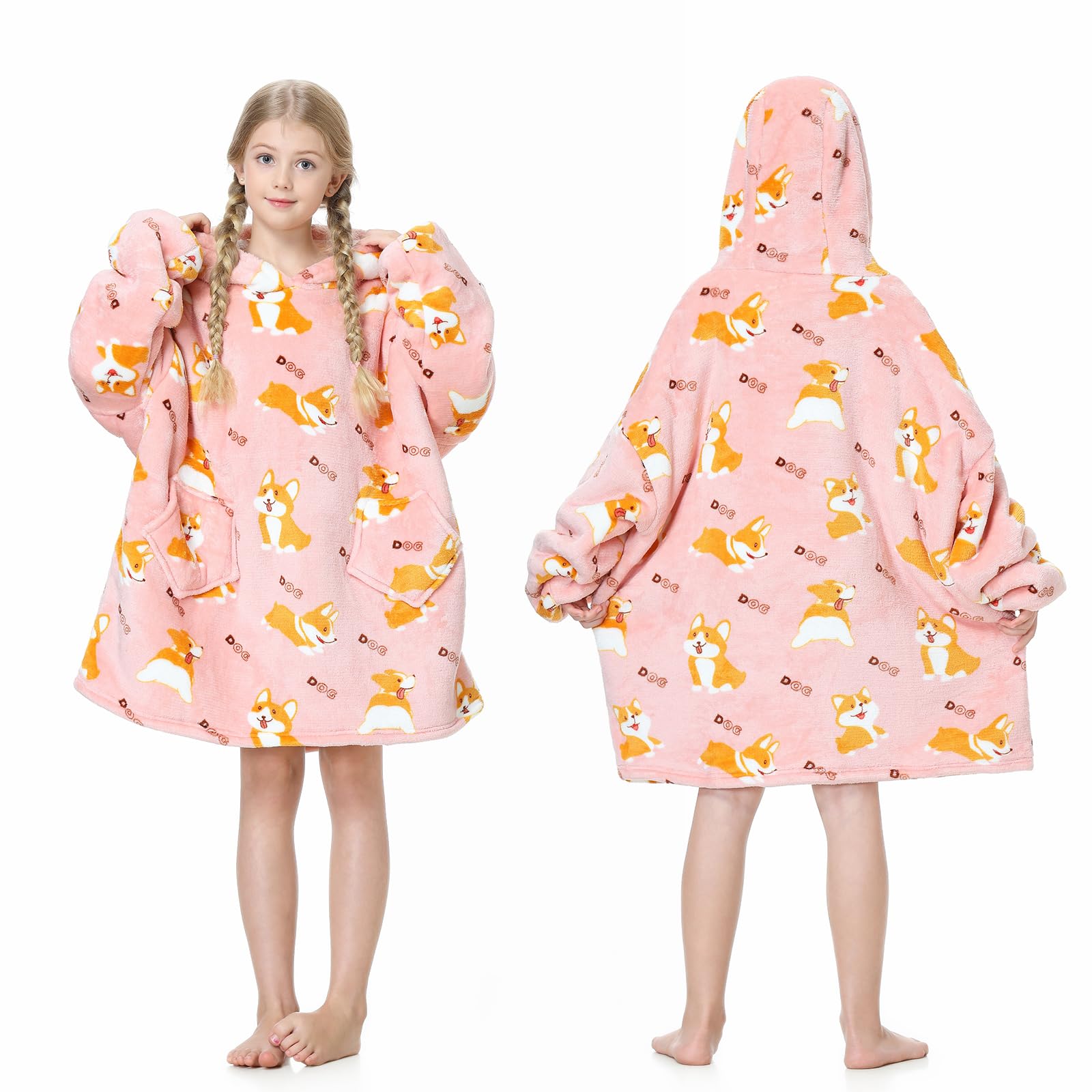 MOKANI Oversized Blanket Hoodie Kids, Wearable Extra Long Blanket for Girls Boys, Super Soft Warm Sweatshirt With Pocket for Children Teens, Long Sleeves, Cute, Flannel