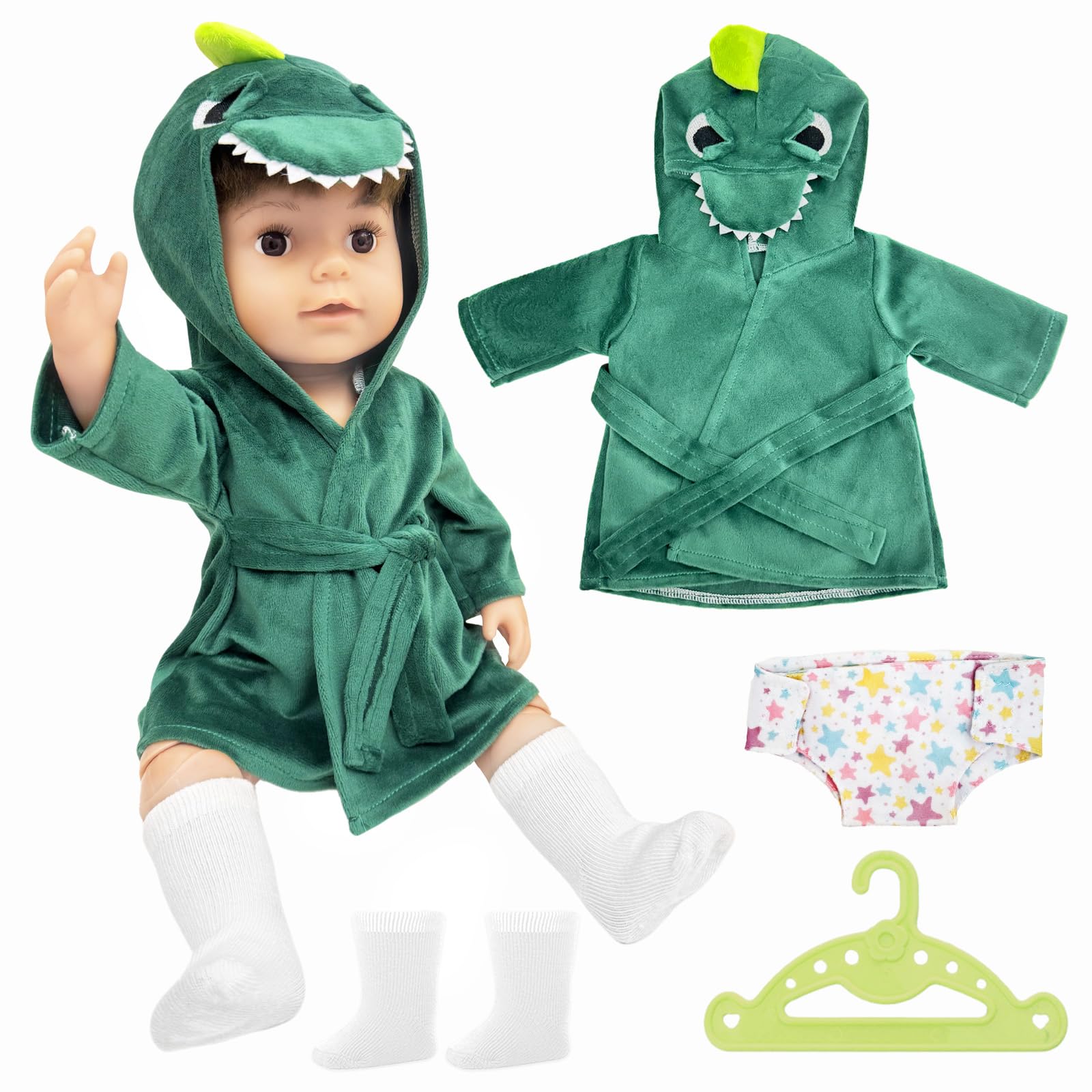 Baby Doll Clothes for 14-18 Inch Doll Dinosaur Cloth for 35-45cm Newborn Baby Doll Outfits Reborn Baby Doll Outfits Long Sleeve Overalls with Hanger Socks Hat for Born Baby Doll Green