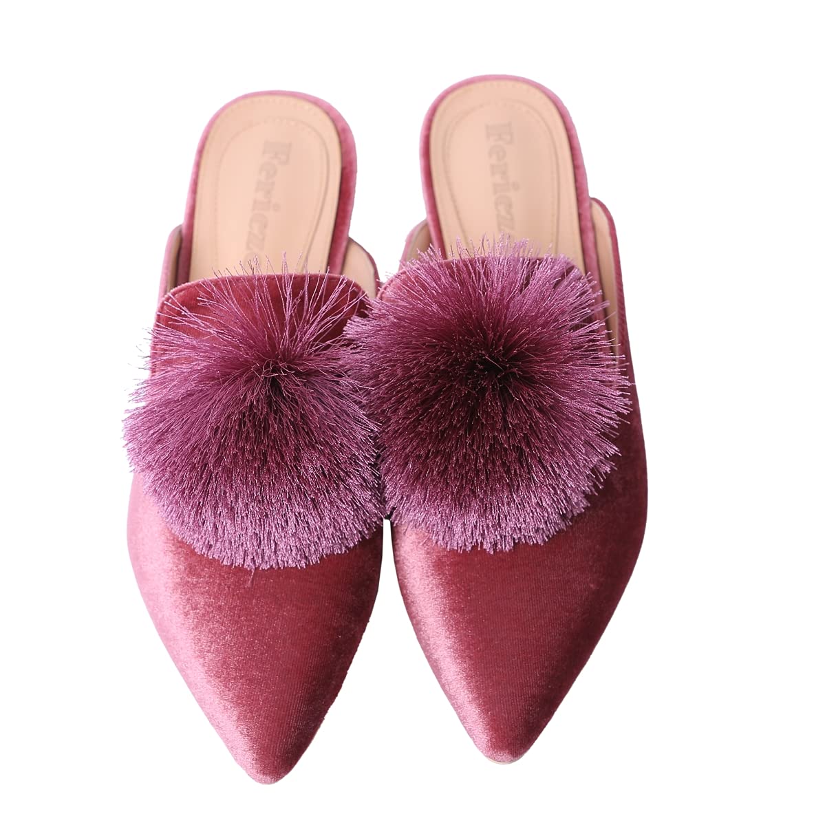 Fericzot Slip On Mule Backless Loafers Flats Puff Pompom Pointed Toe Casual Shoes Slippers