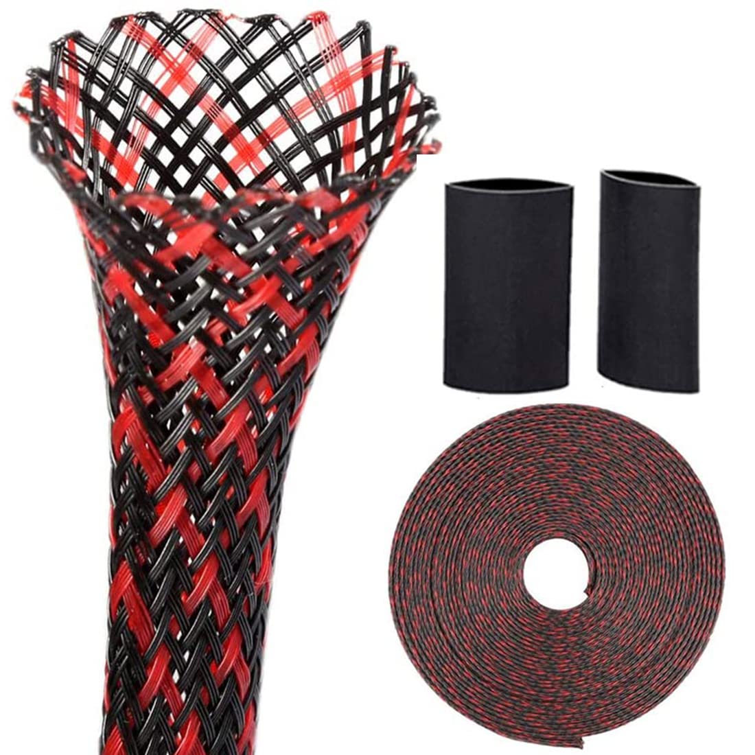 Braided Cable Sleeve Extends 25ft - 1/2", Flexible Braided Cable Sleeve with 2 Heat Shrink Tubing, Braided Cable Sleeve Protector for Audio, Video and Other Home Office Equipment Cables (Black red)