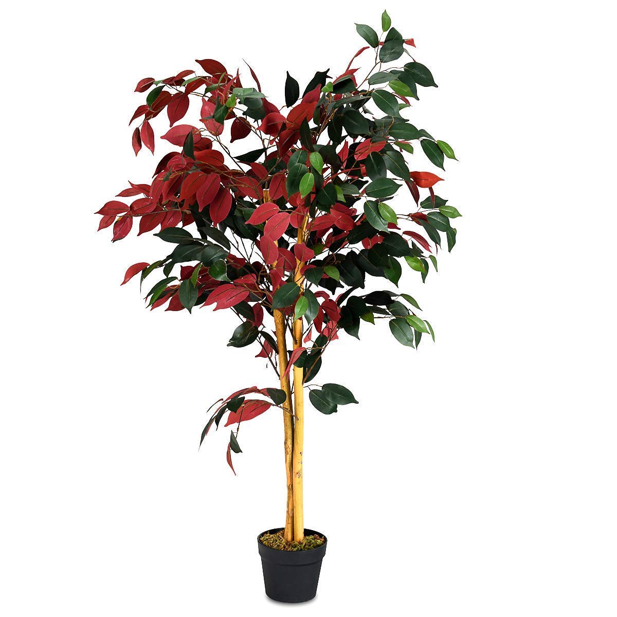 COSTWAY Fake Artificial Greenery Plants in Pots Decorative Home, Office, Lobby (4Ft Ficus Tree), Green & Red