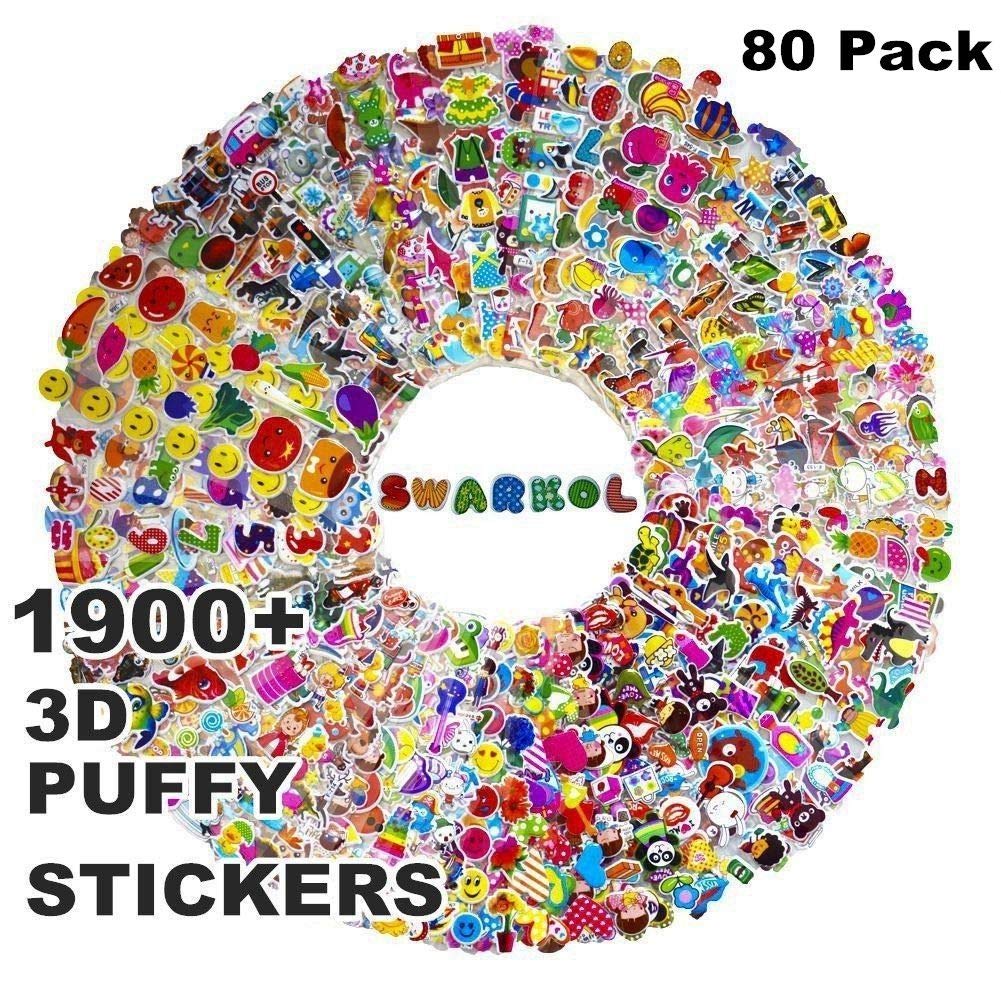 Stickers for Kids 1900+, 80 different Sheets, 3D Puffy Stickers, Bulk Kids stickers for Girl Boy Birthday Gift, Craft Scrapbooking, Teachers, Toddlers, Including Animals, Stars, Fish, Hearts and More!