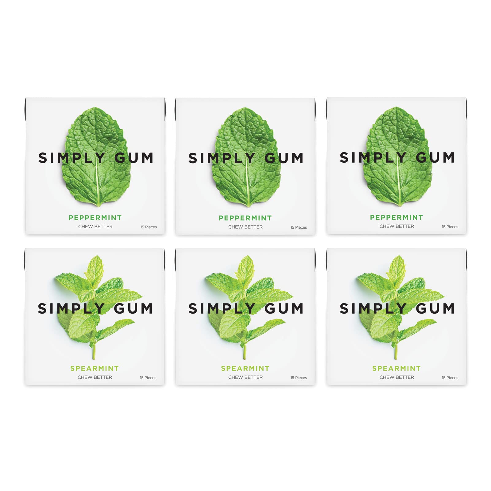 Simply Gum | Variety Pack - Peppermint, Spearmint | Plant- Based Chewing Gum | Pack of Six (90 Pieces Total) | Synthetic Free + Aspartame Free + non GMO