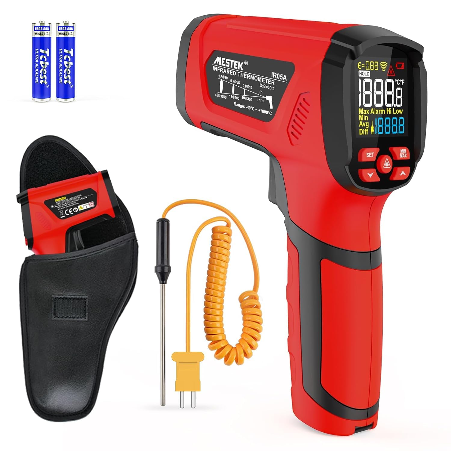 Infrared Thermometer Pyrometer MESTEK 50:1 Temperature Gun, -40℃ to 1600℃ High Temp Laser Thermometer with Color LCD for Industrial HVAC Forge Furnace Metal Smelting, Adjustable Emissivity