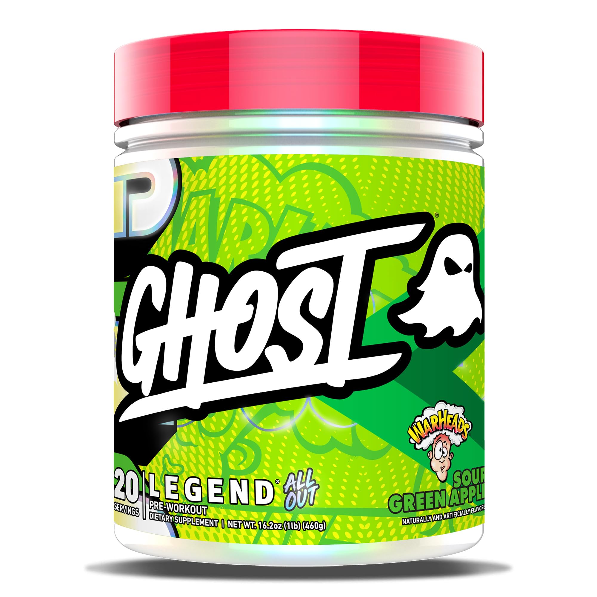 GHOST Pre-Workout Energy Powder, Legend All Out, Warheads Sour Green Apple - 20 Servings - Caffeine, L-Citrulline, & Beta Alanine Blend for Energy, Focus & Pumps - Free of Sugar & Gluten, Vegan